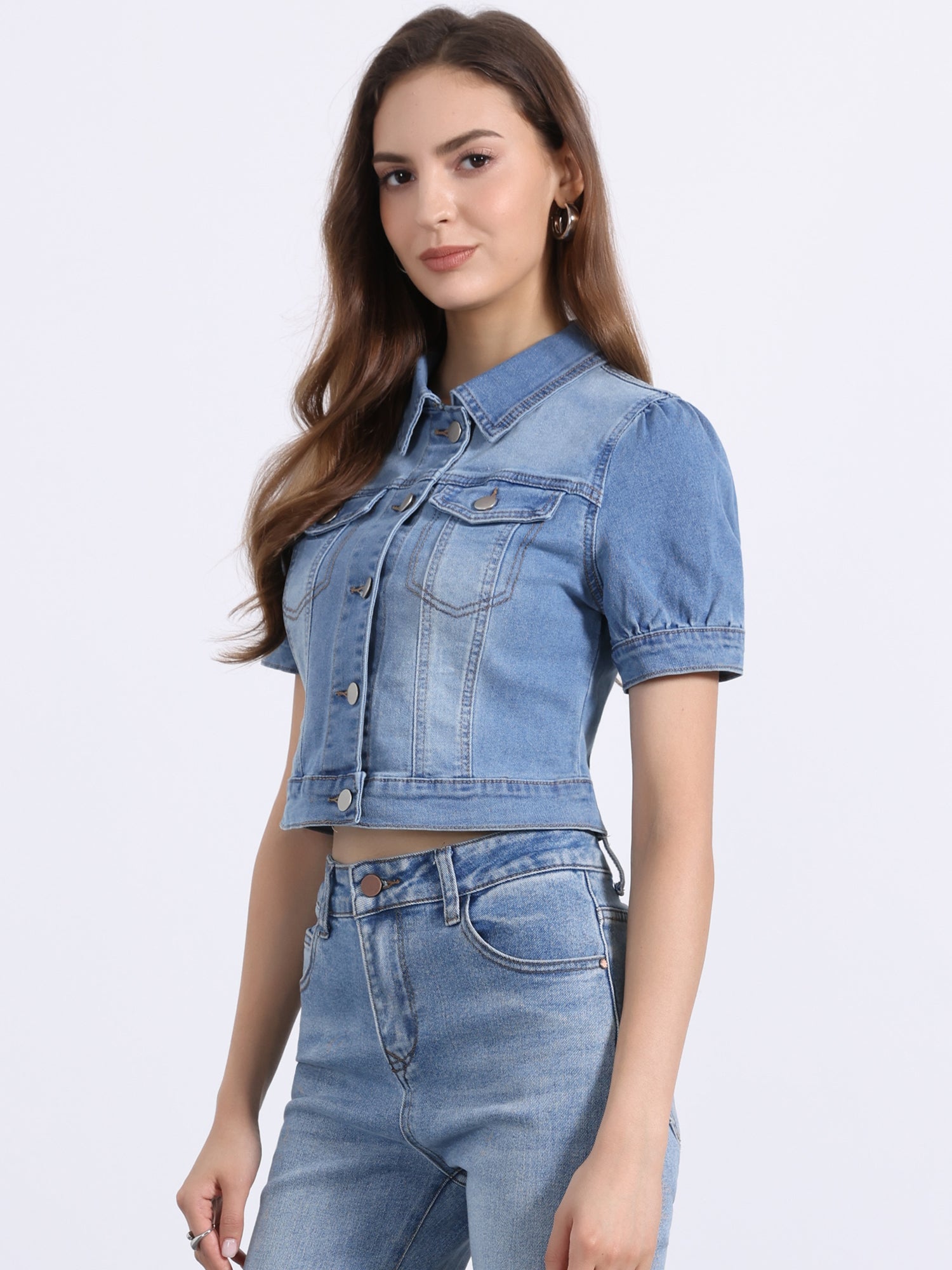 Casual Button-Down Puff Long Sleeve Crop Denim Jacket
