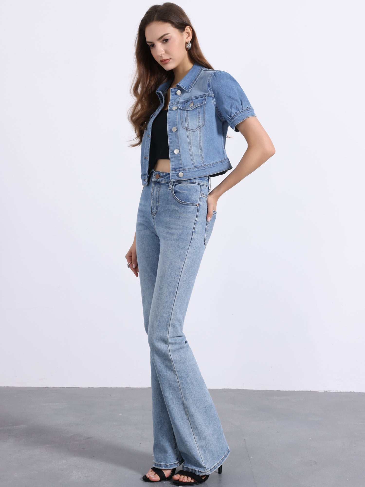 Casual Button-Down Puff Long Sleeve Crop Denim Jacket