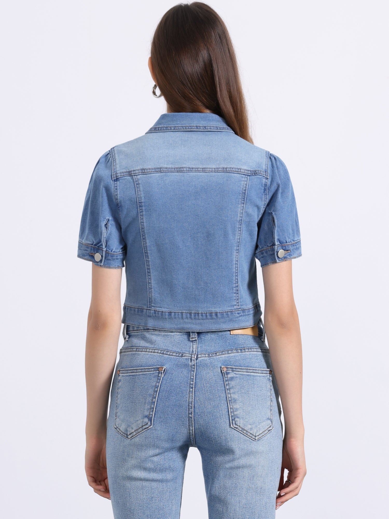 Casual Button-Down Puff Long Sleeve Crop Denim Jacket