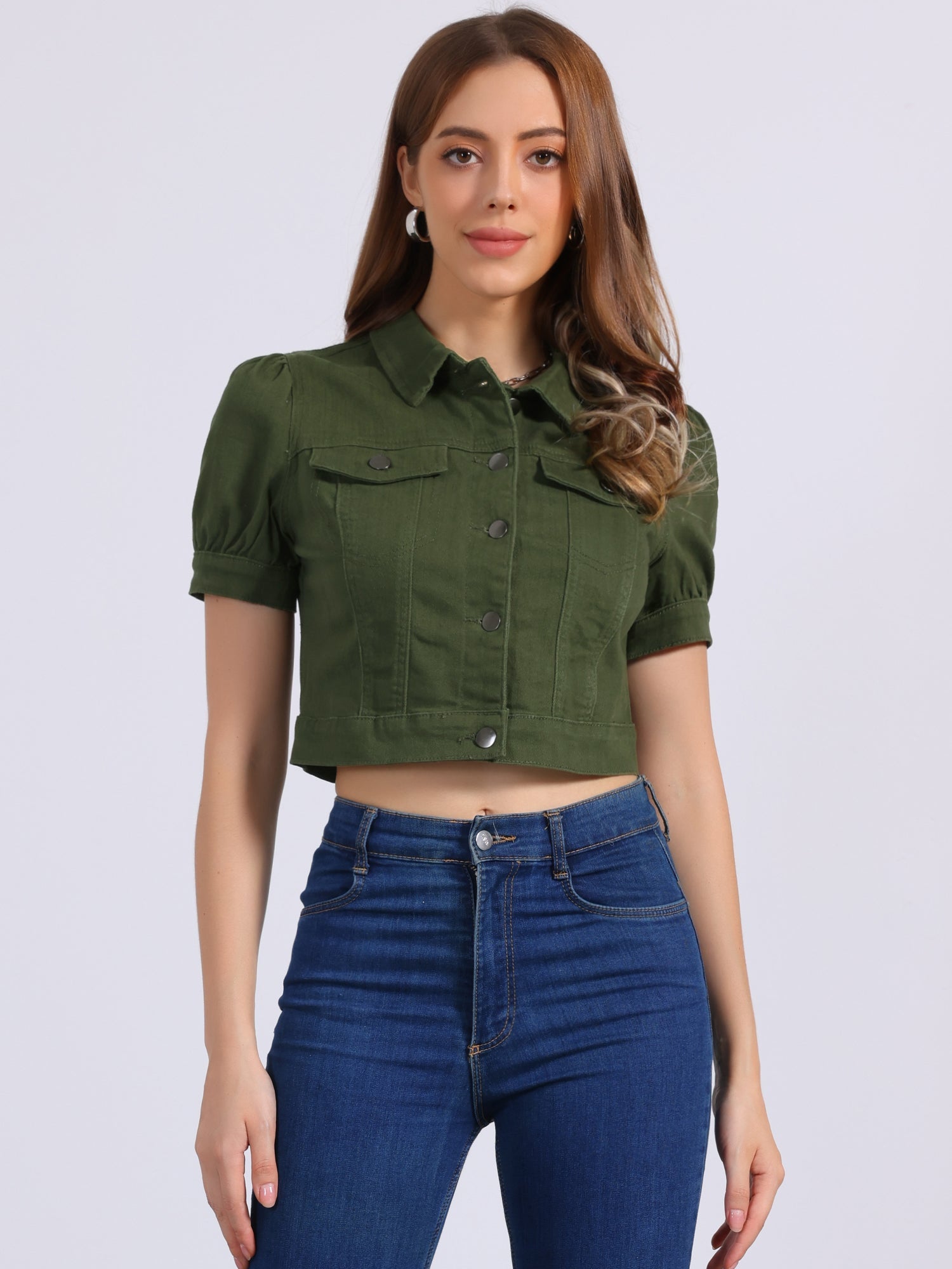 Casual Button-Down Puff Long Sleeve Crop Denim Jacket