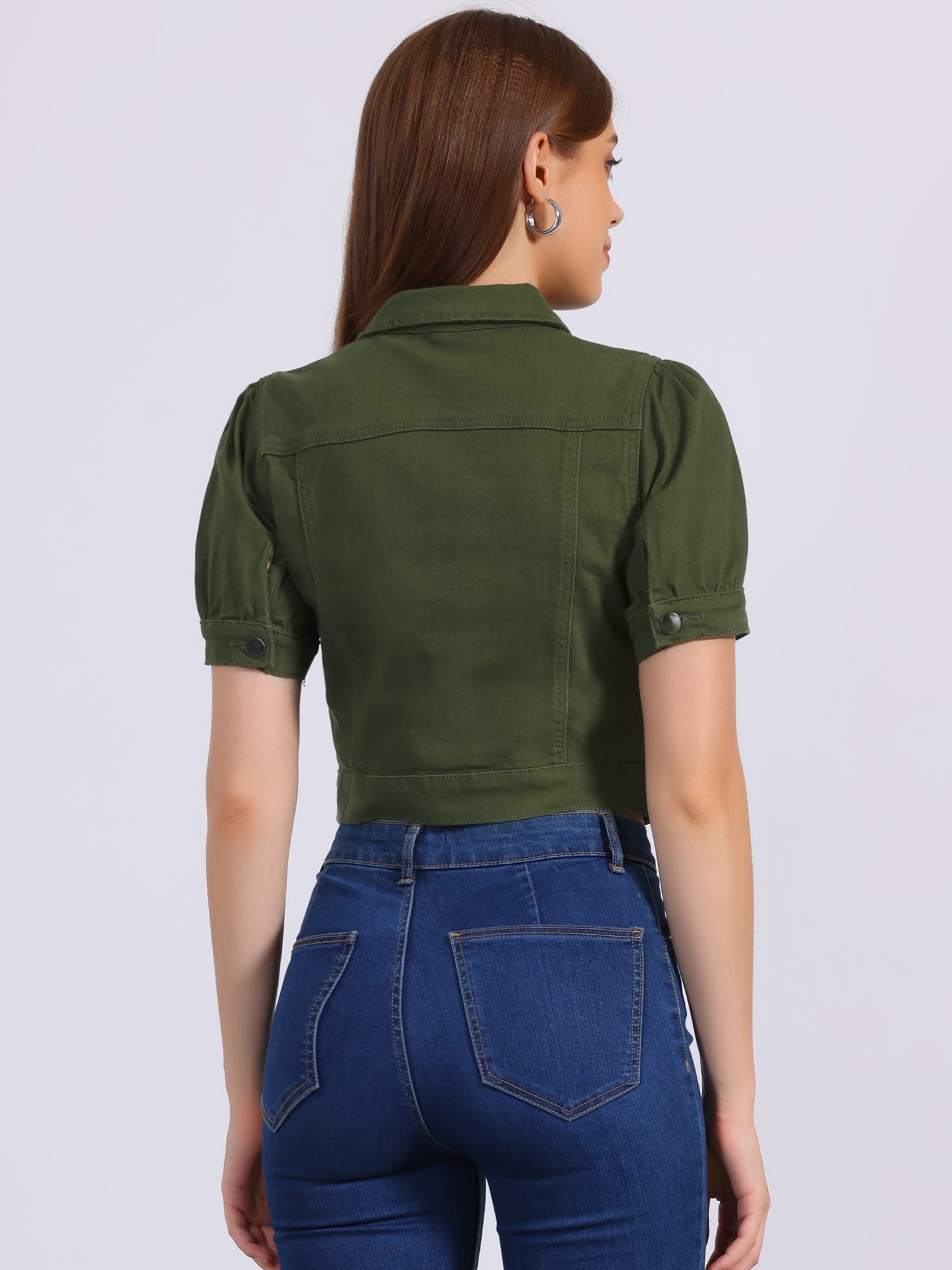 Casual Button-Down Puff Long Sleeve Crop Denim Jacket