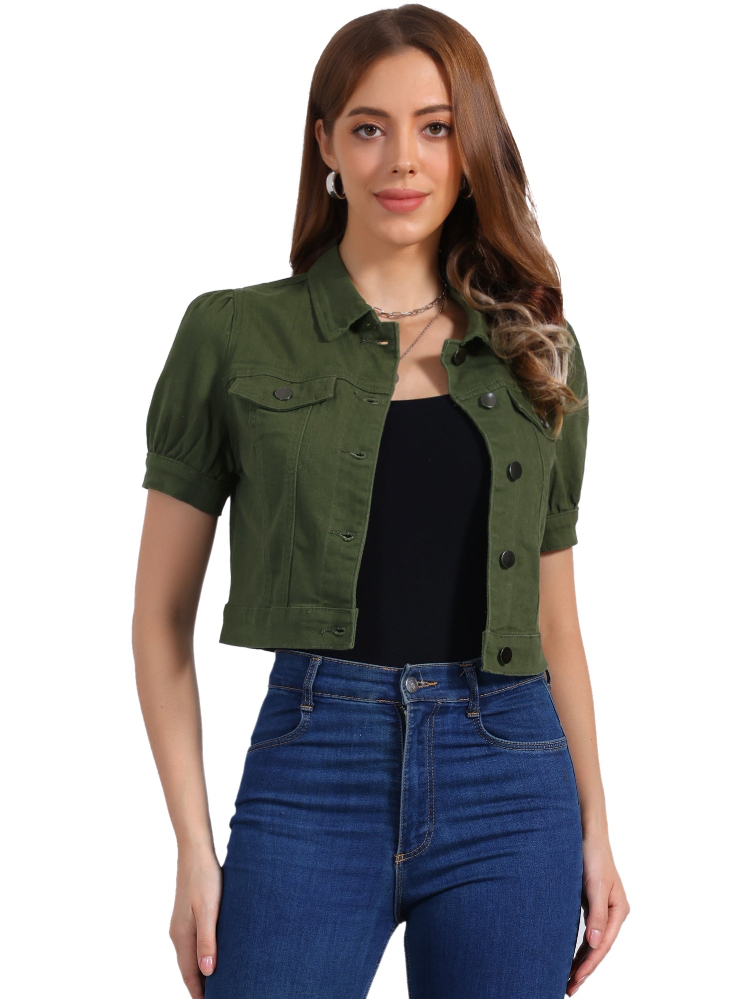 Casual Button-Down Puff Long Sleeve Crop Denim Jacket