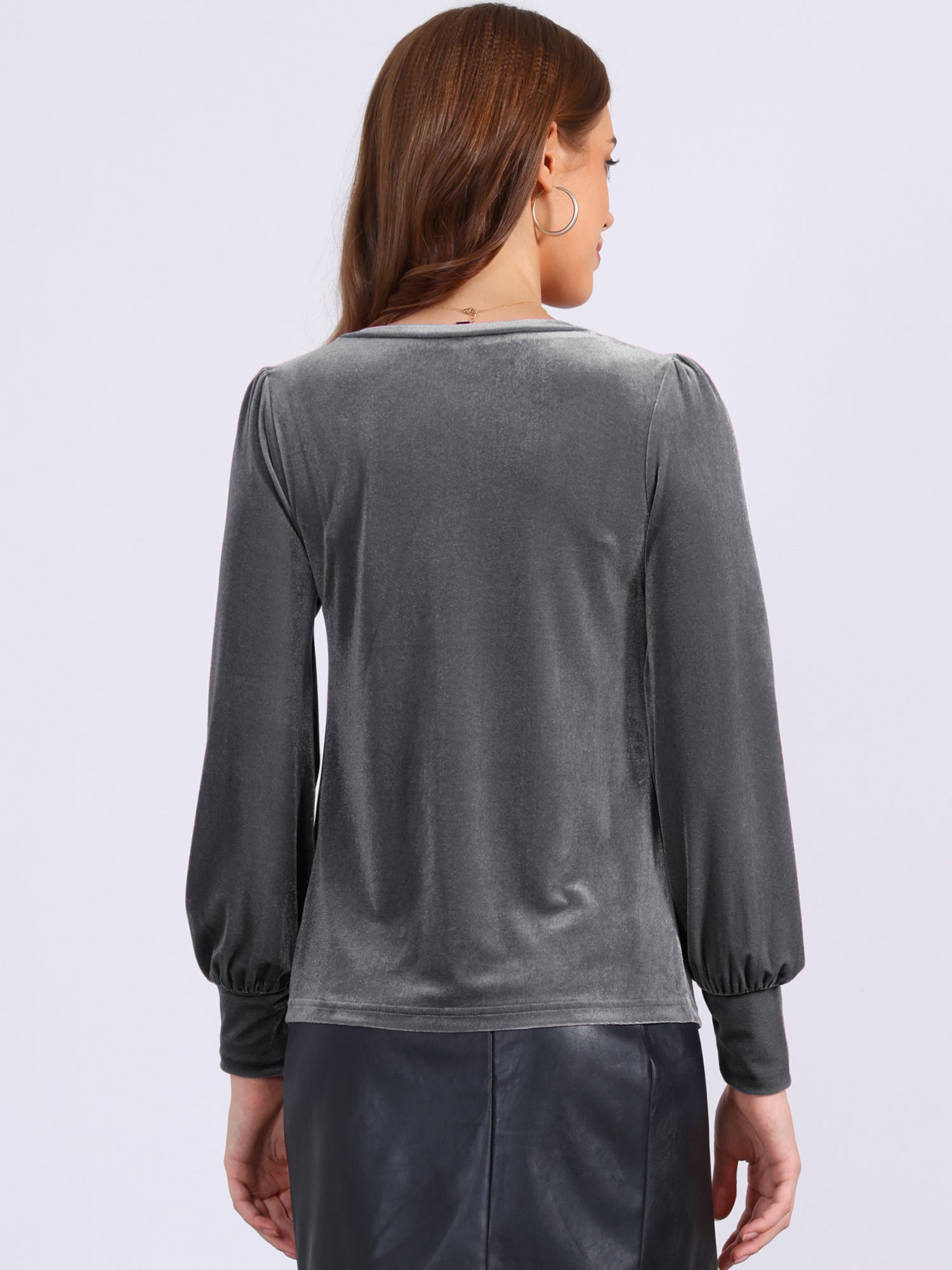 Velvet Round Neck Puff Long Sleeve Casual Pullover Blouse
