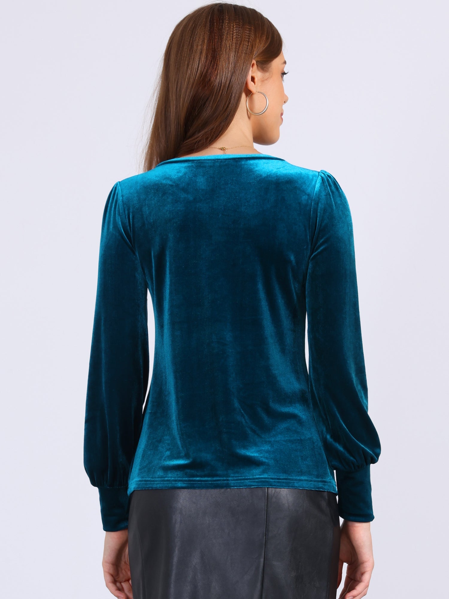 Velvet Round Neck Puff Long Sleeve Casual Pullover Blouse
