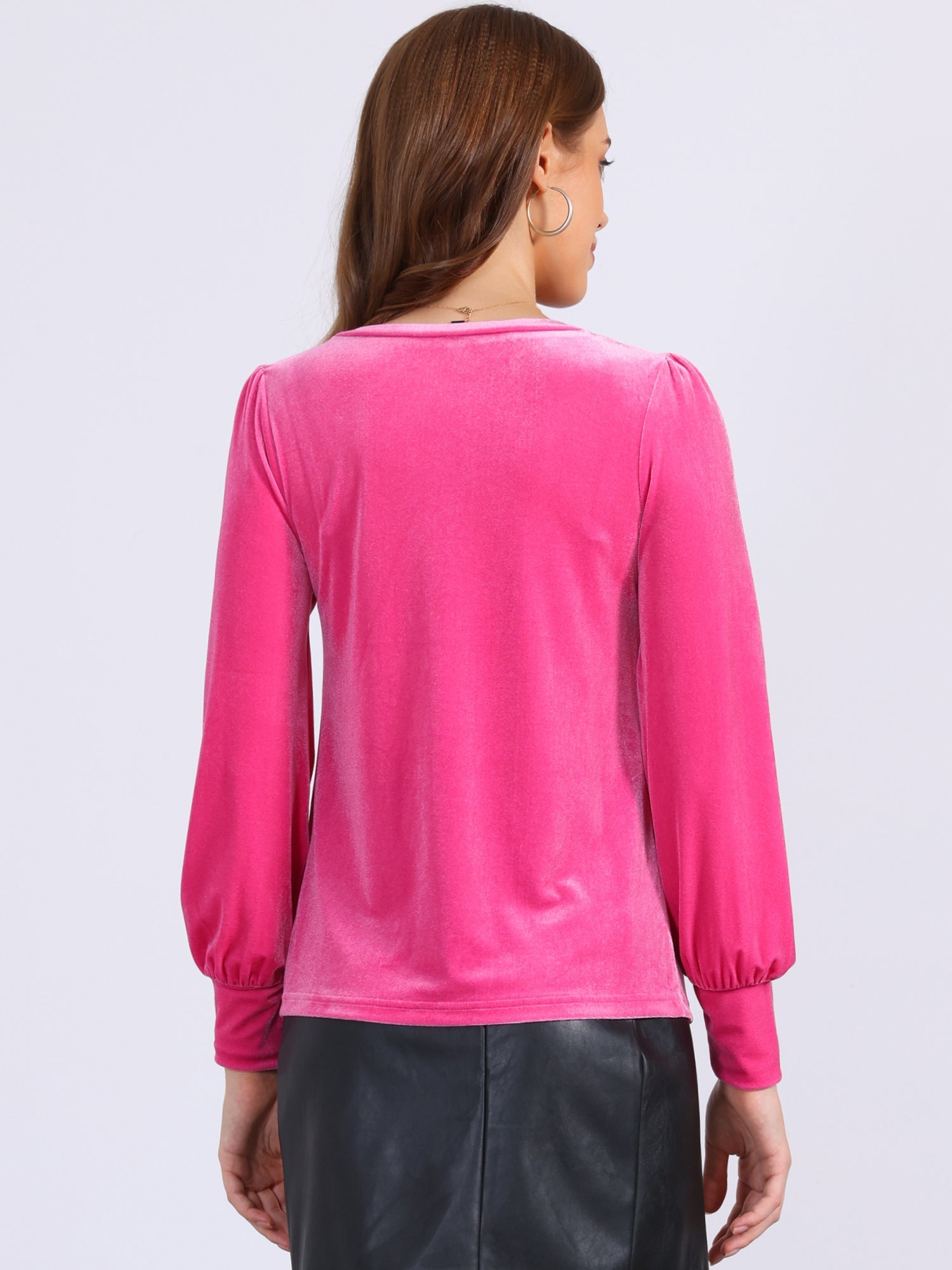 Velvet Round Neck Puff Long Sleeve Casual Pullover Blouse