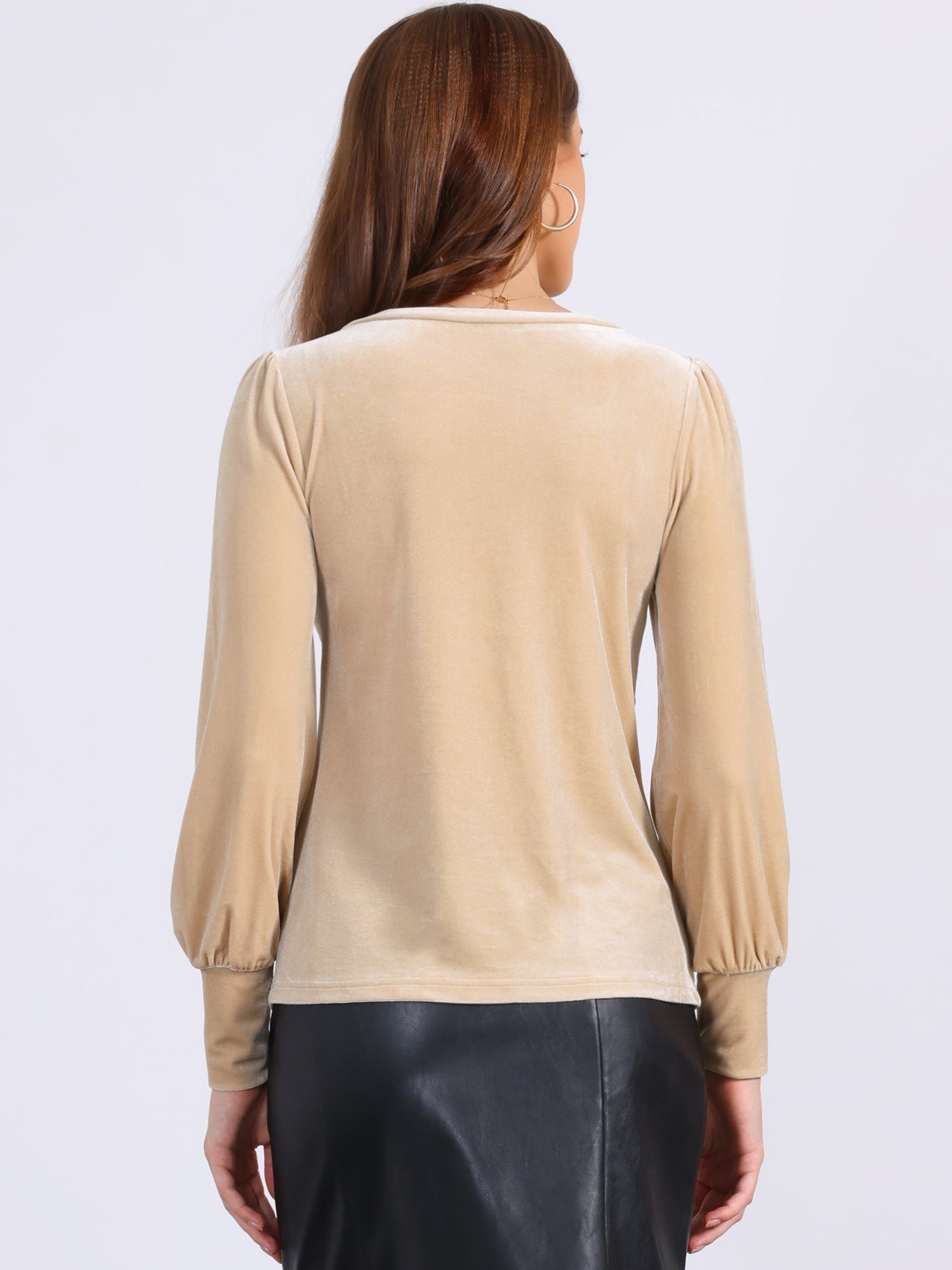 Velvet Round Neck Puff Long Sleeve Casual Pullover Blouse
