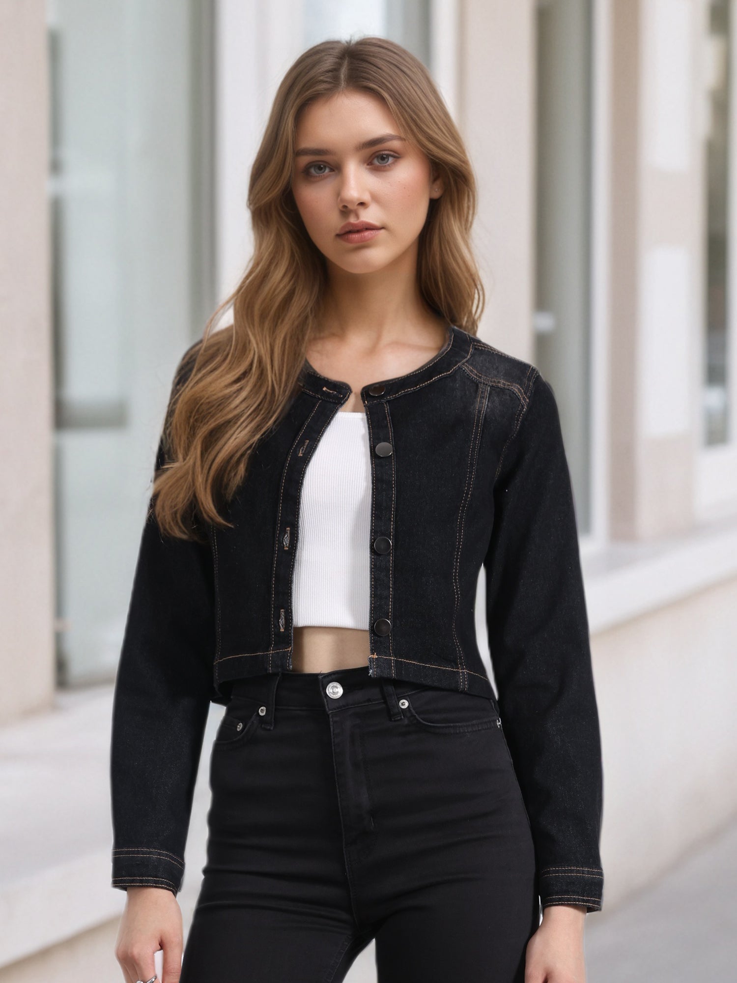 Denim Collarless Long Sleeve Button Down Crop Jean Jacket