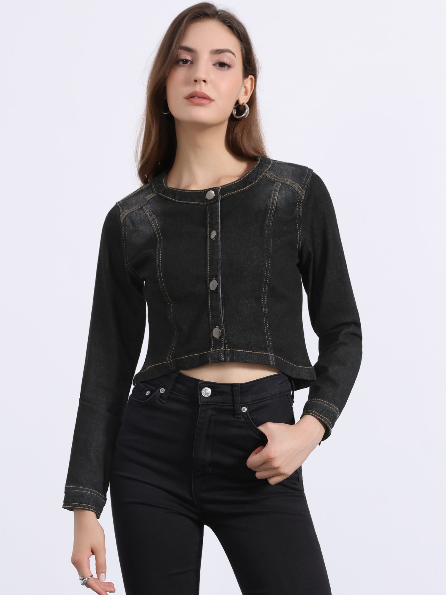 Denim Collarless Long Sleeve Button Down Crop Jean Jacket