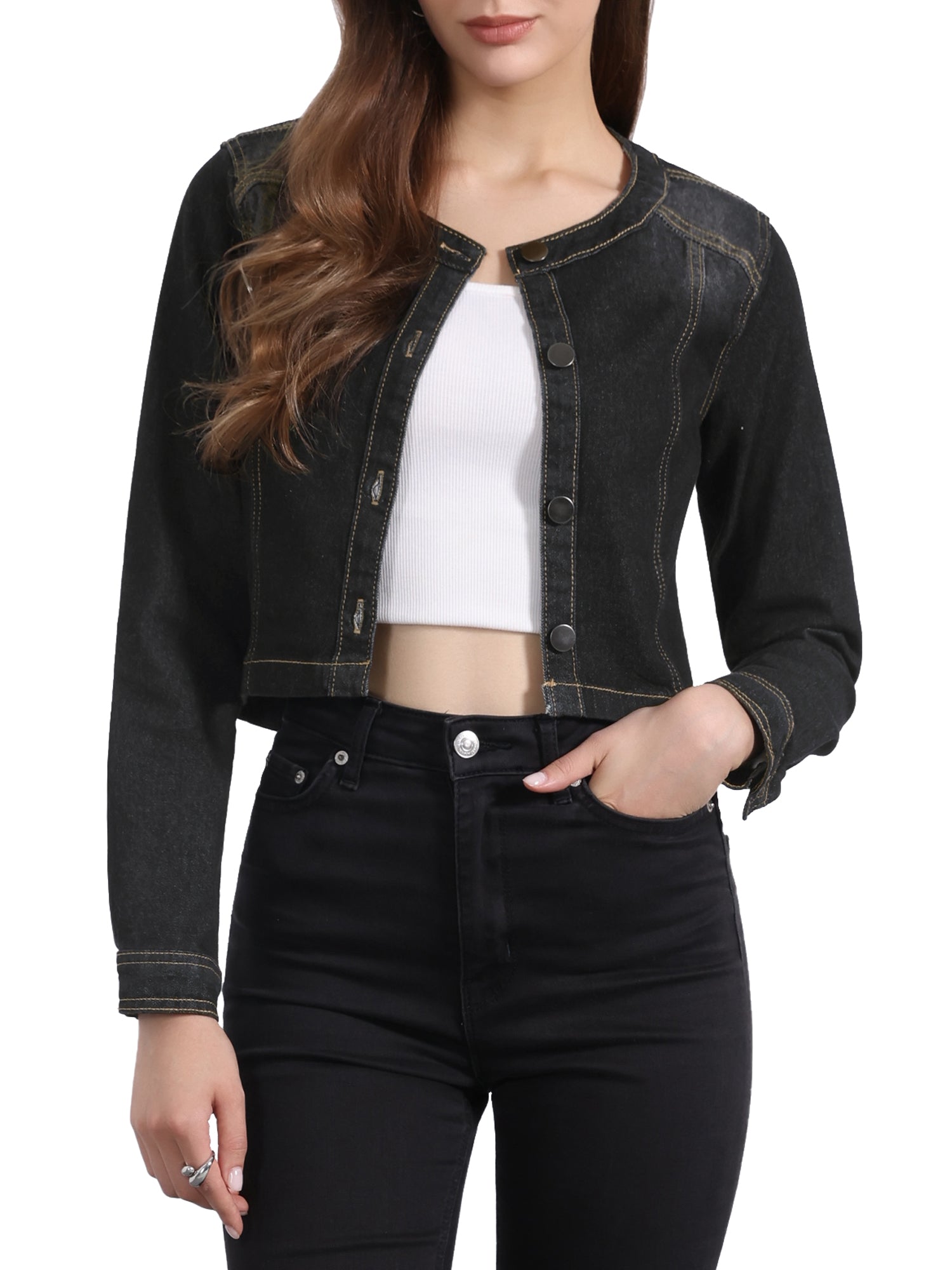 Denim Collarless Long Sleeve Button Down Crop Jean Jacket