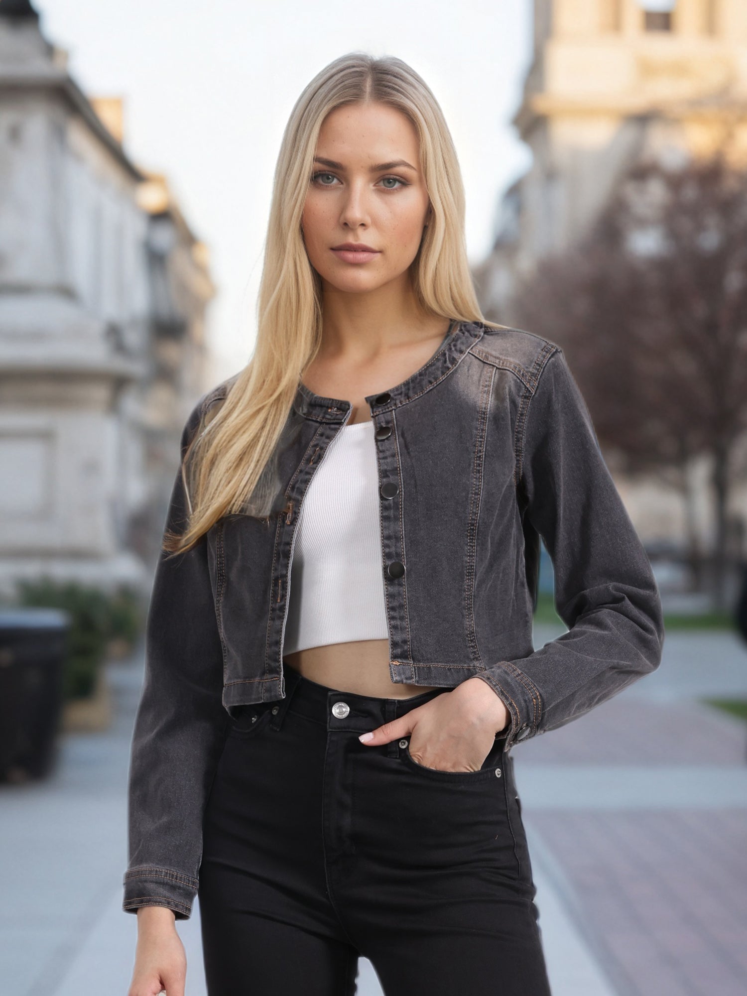 Denim Collarless Long Sleeve Button Down Crop Jean Jacket