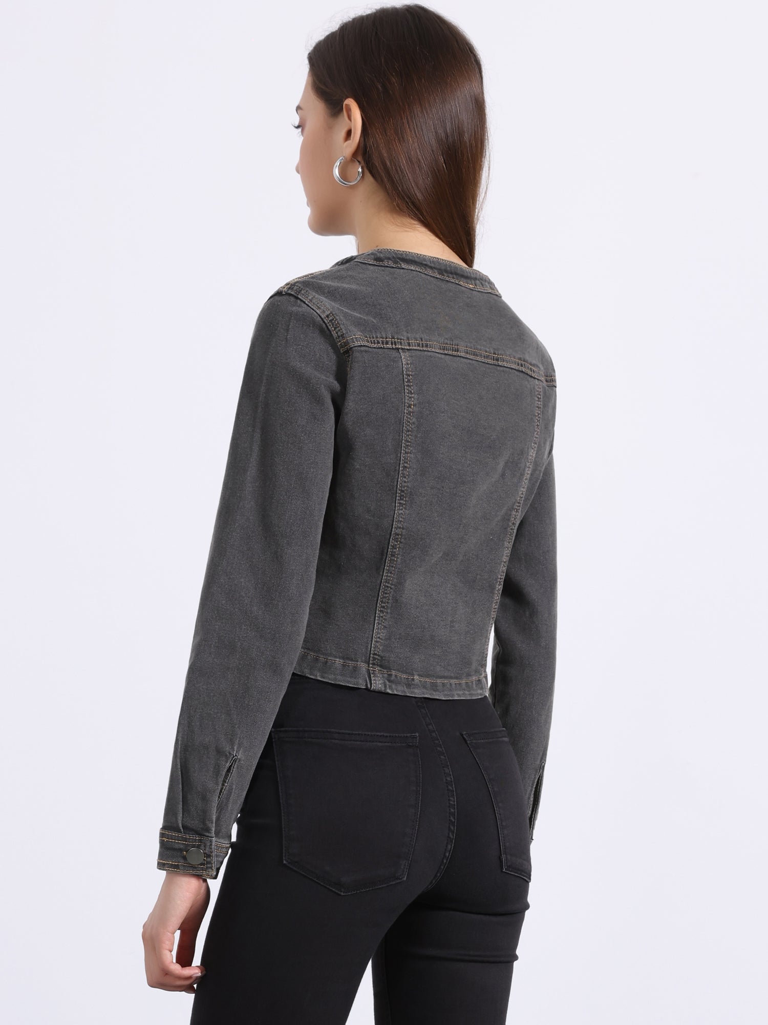 Denim Collarless Long Sleeve Button Down Crop Jean Jacket
