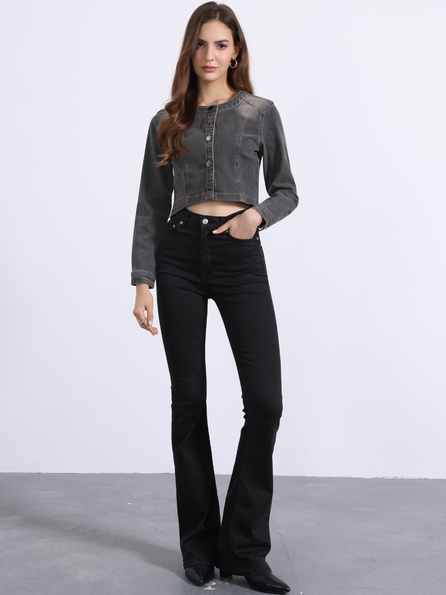 Denim Collarless Long Sleeve Button Down Crop Jean Jacket