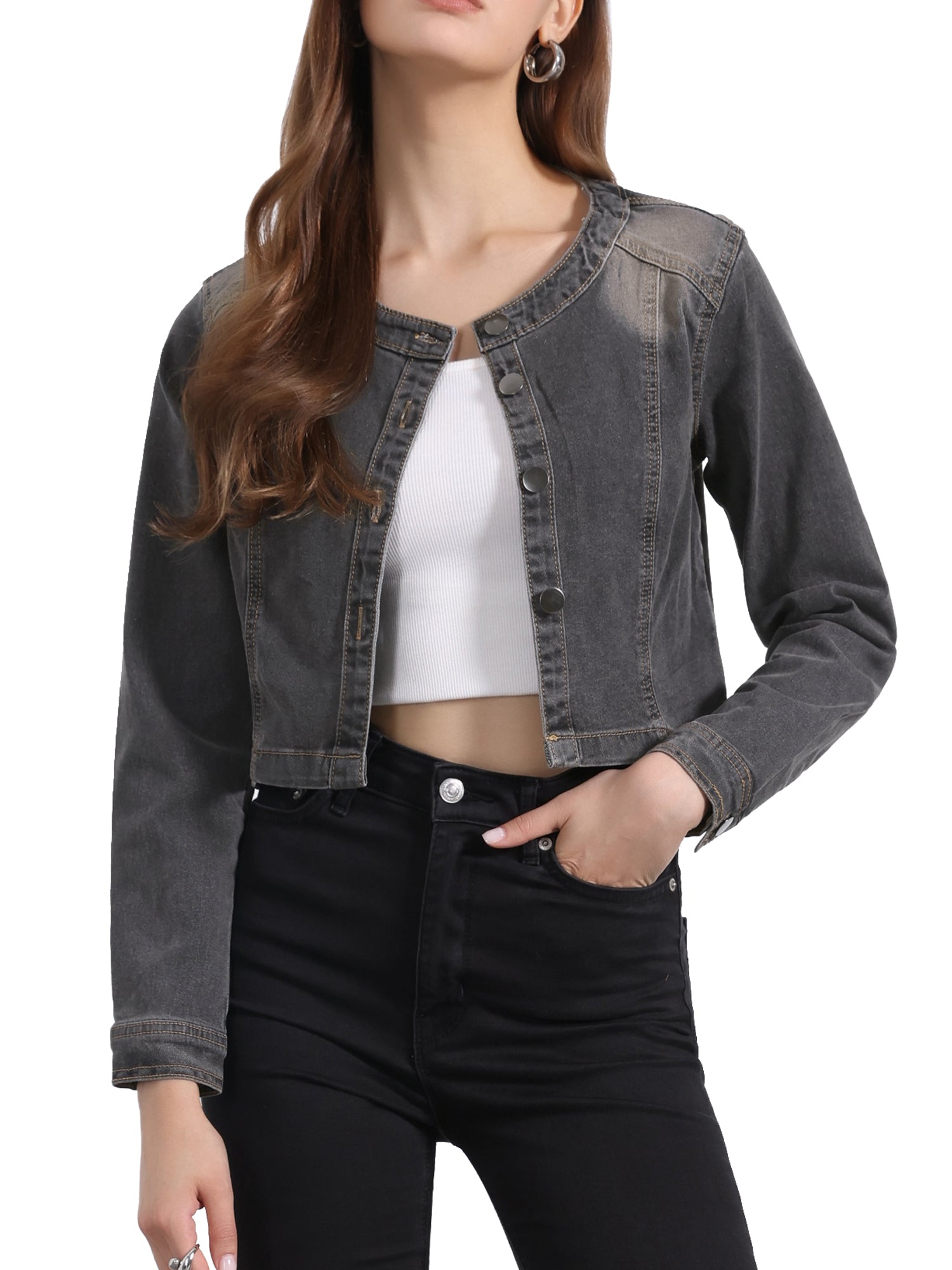 Denim Collarless Long Sleeve Button Down Crop Jean Jacket