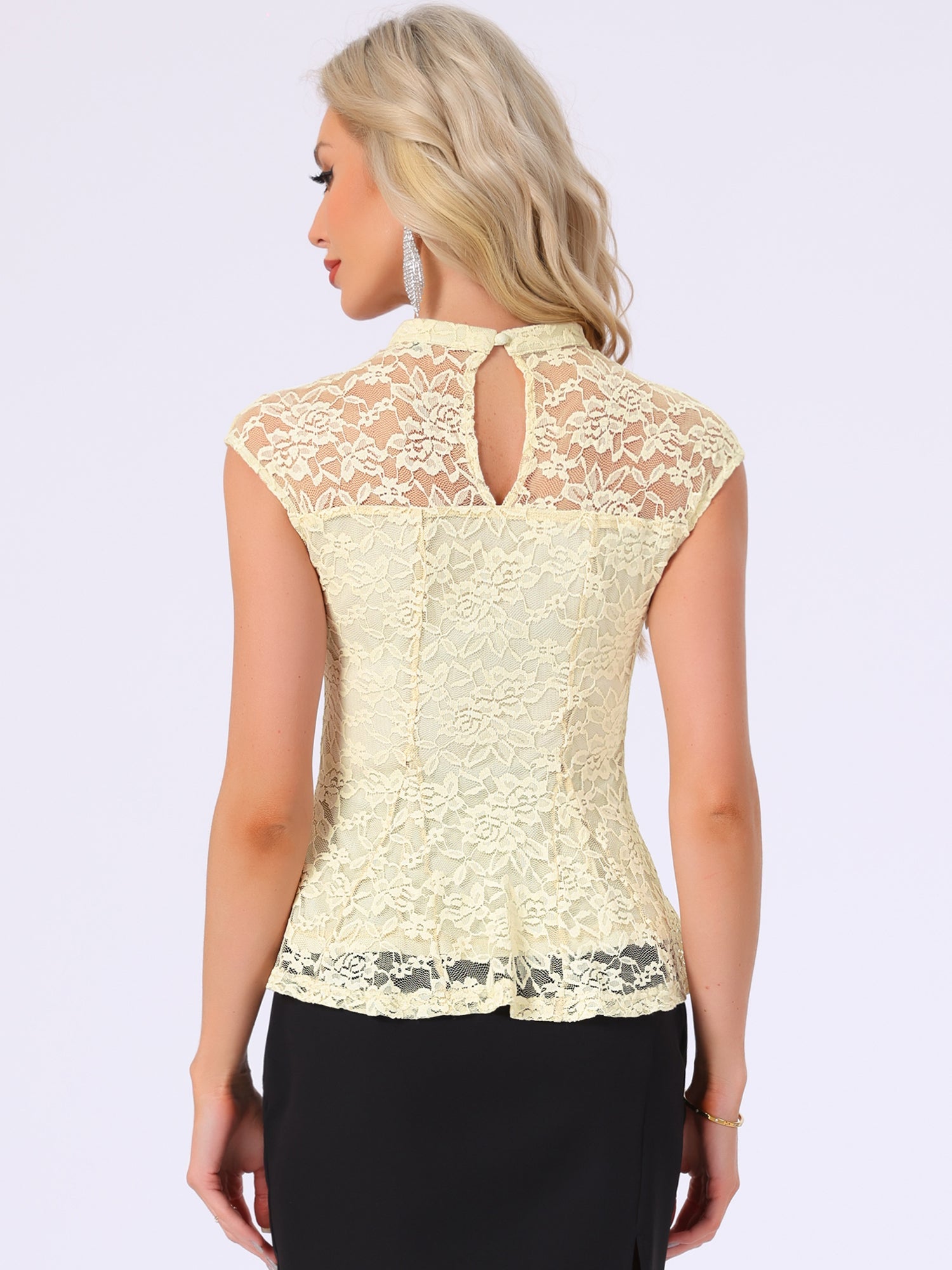 Crochet Peplum Floral Mock Neck Cap Sleeve Lace Blouse