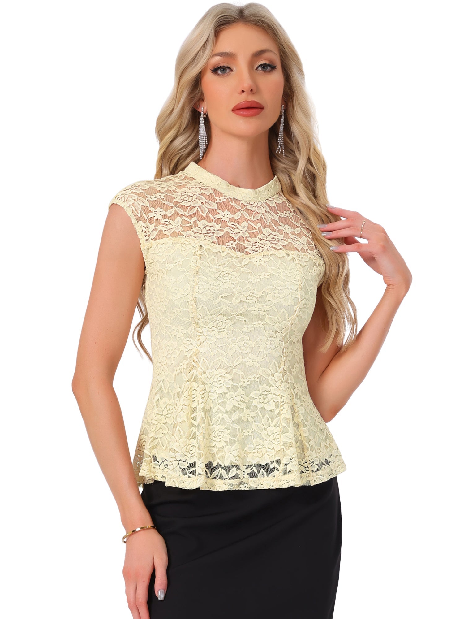 Crochet Peplum Floral Mock Neck Cap Sleeve Lace Blouse