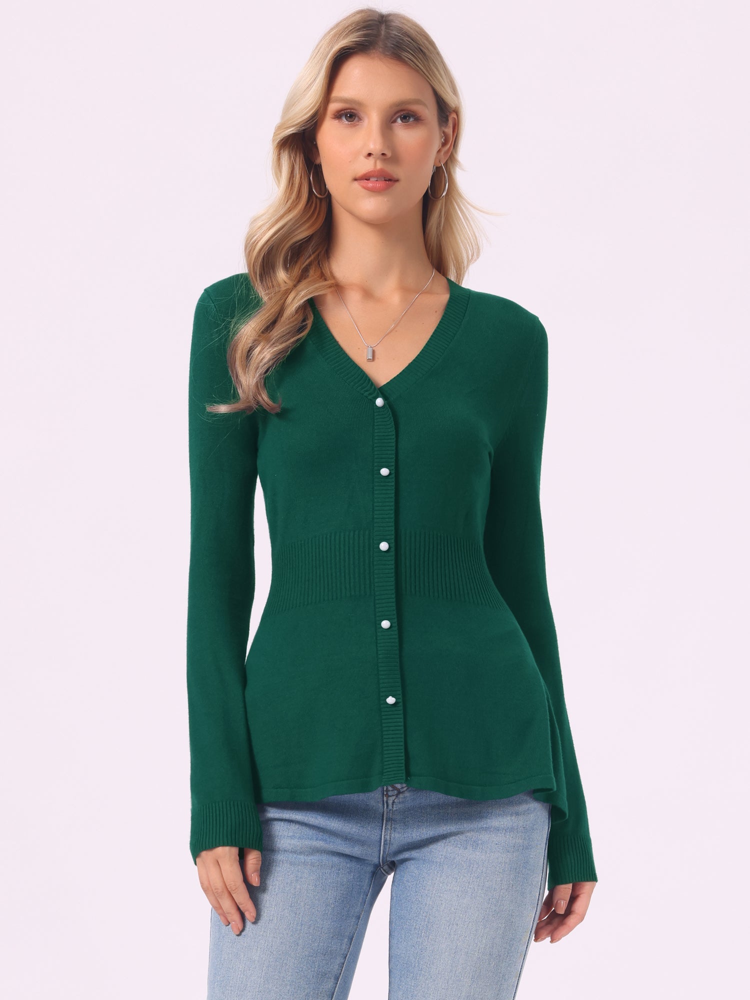 V Neck Long Sleeve Ribbed Pullover Knitted Peplum Top