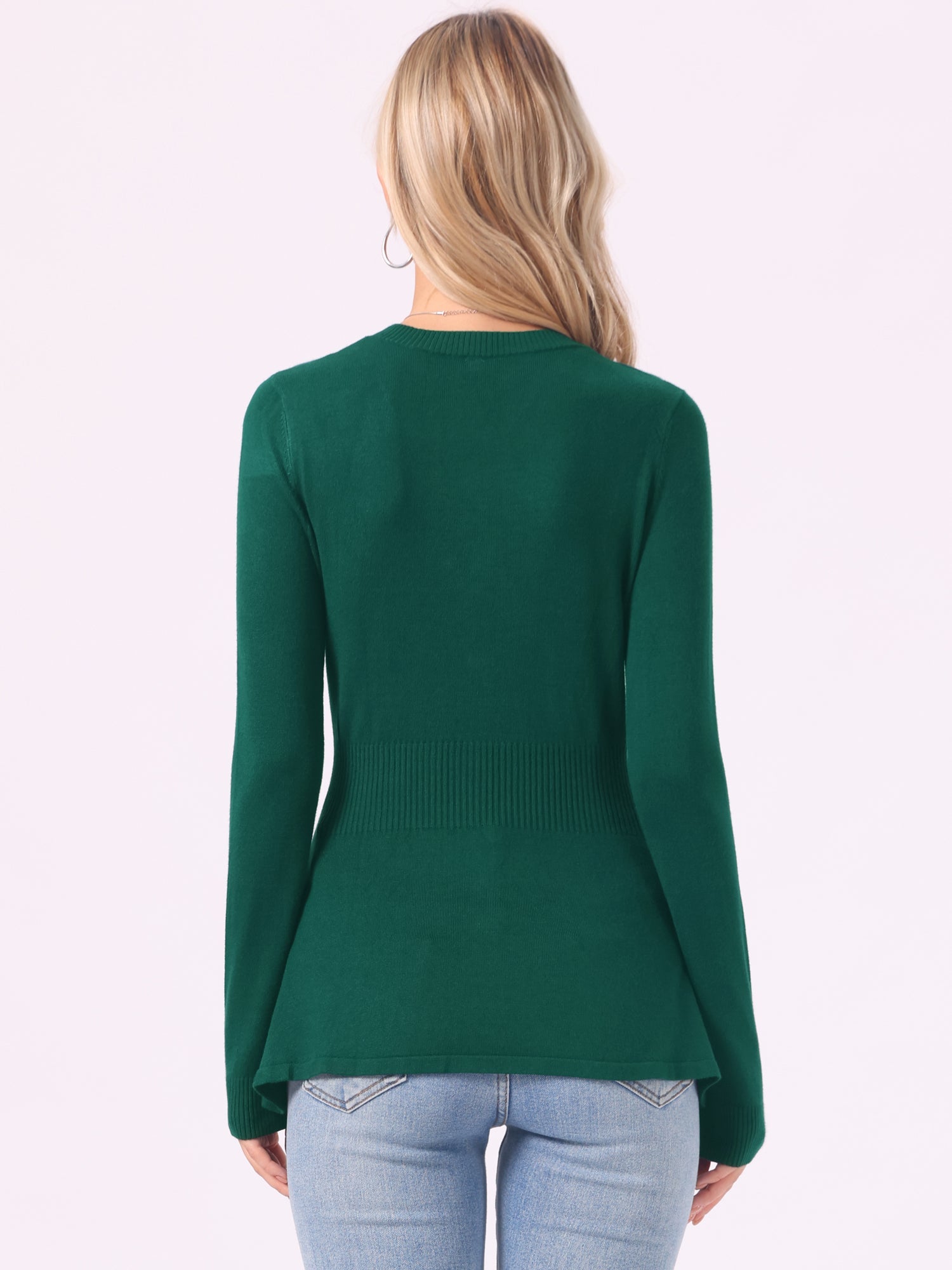 V Neck Long Sleeve Ribbed Pullover Knitted Peplum Top