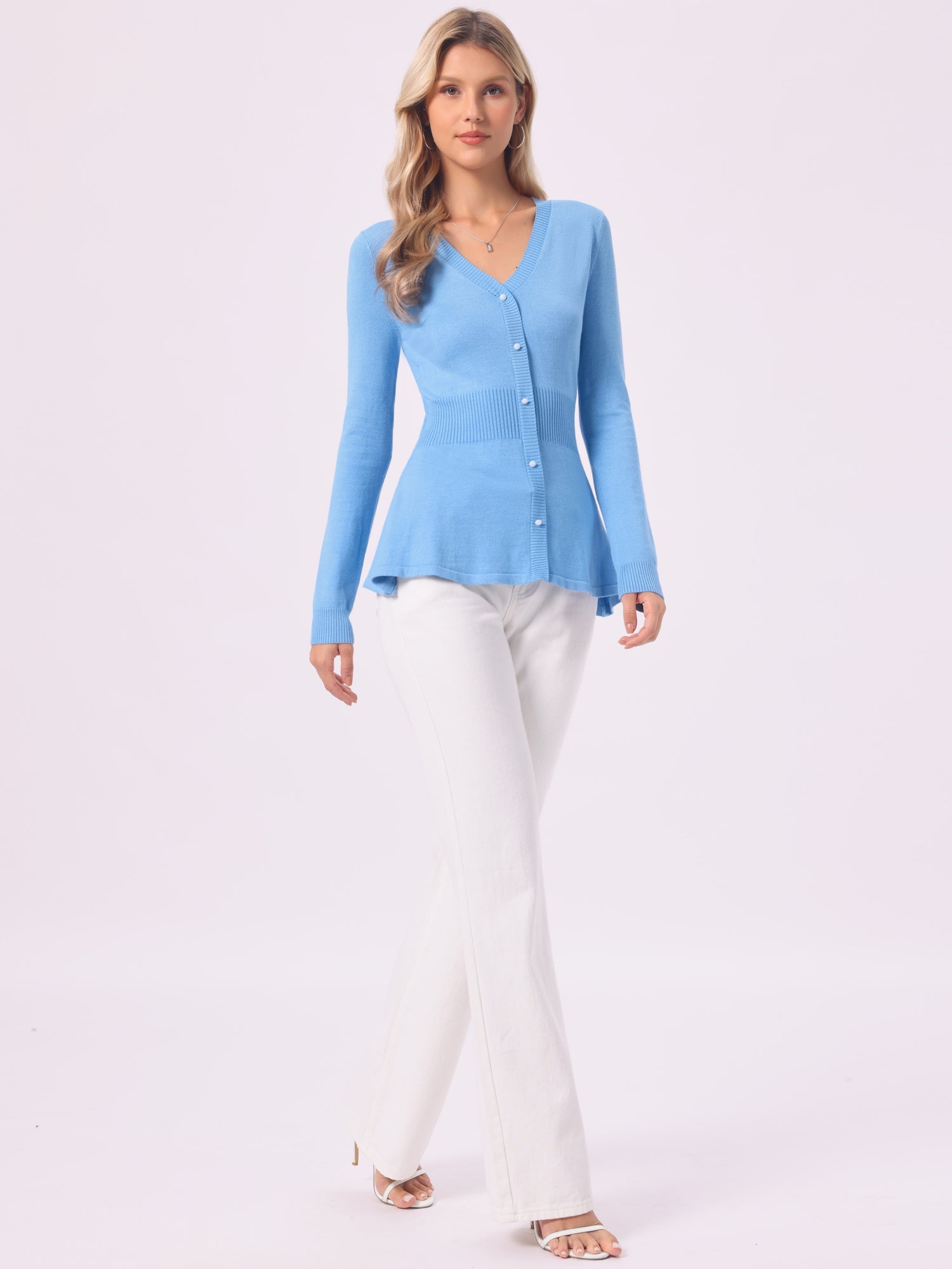 V Neck Long Sleeve Ribbed Pullover Knitted Peplum Top