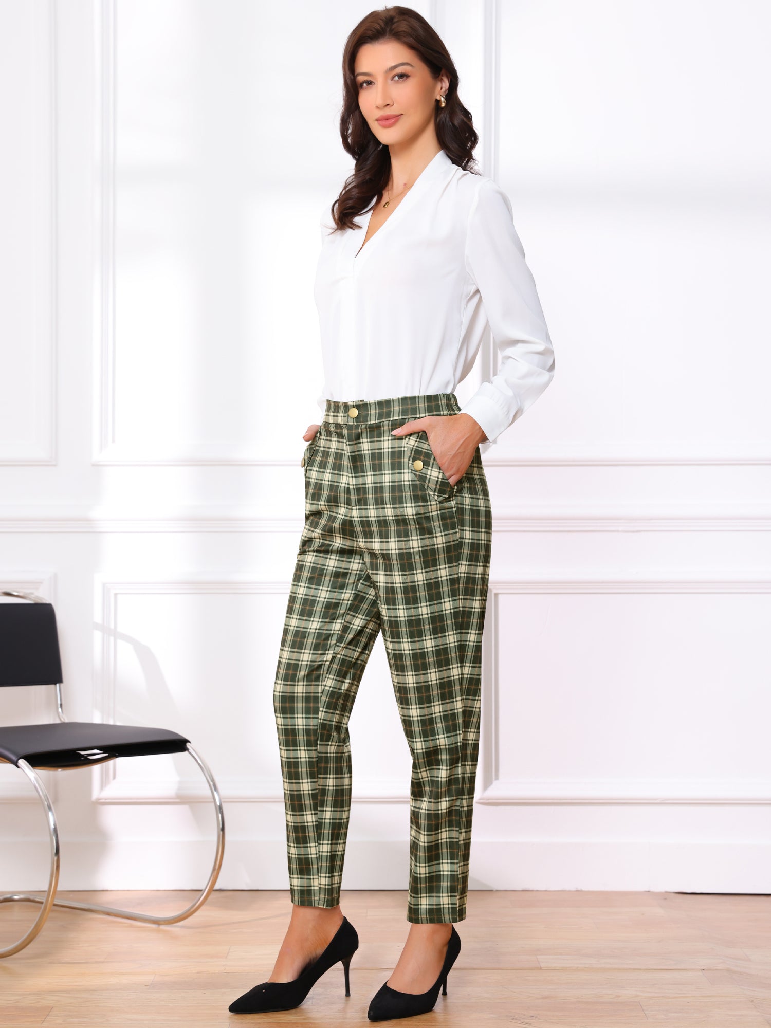 Vintage Tartan Plaid Pants Elastic Waist Straight Long Trousers