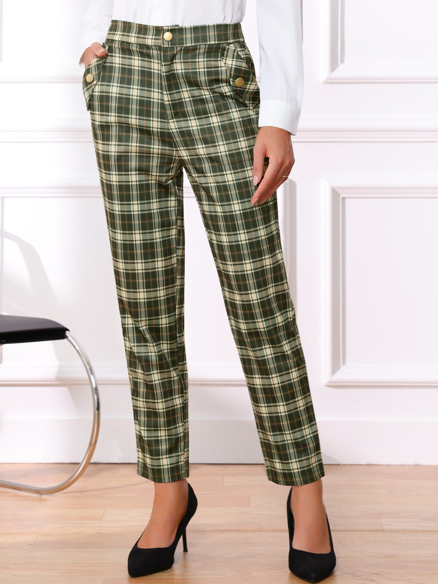 Vintage Tartan Plaid Pants Elastic Waist Straight Long Trousers