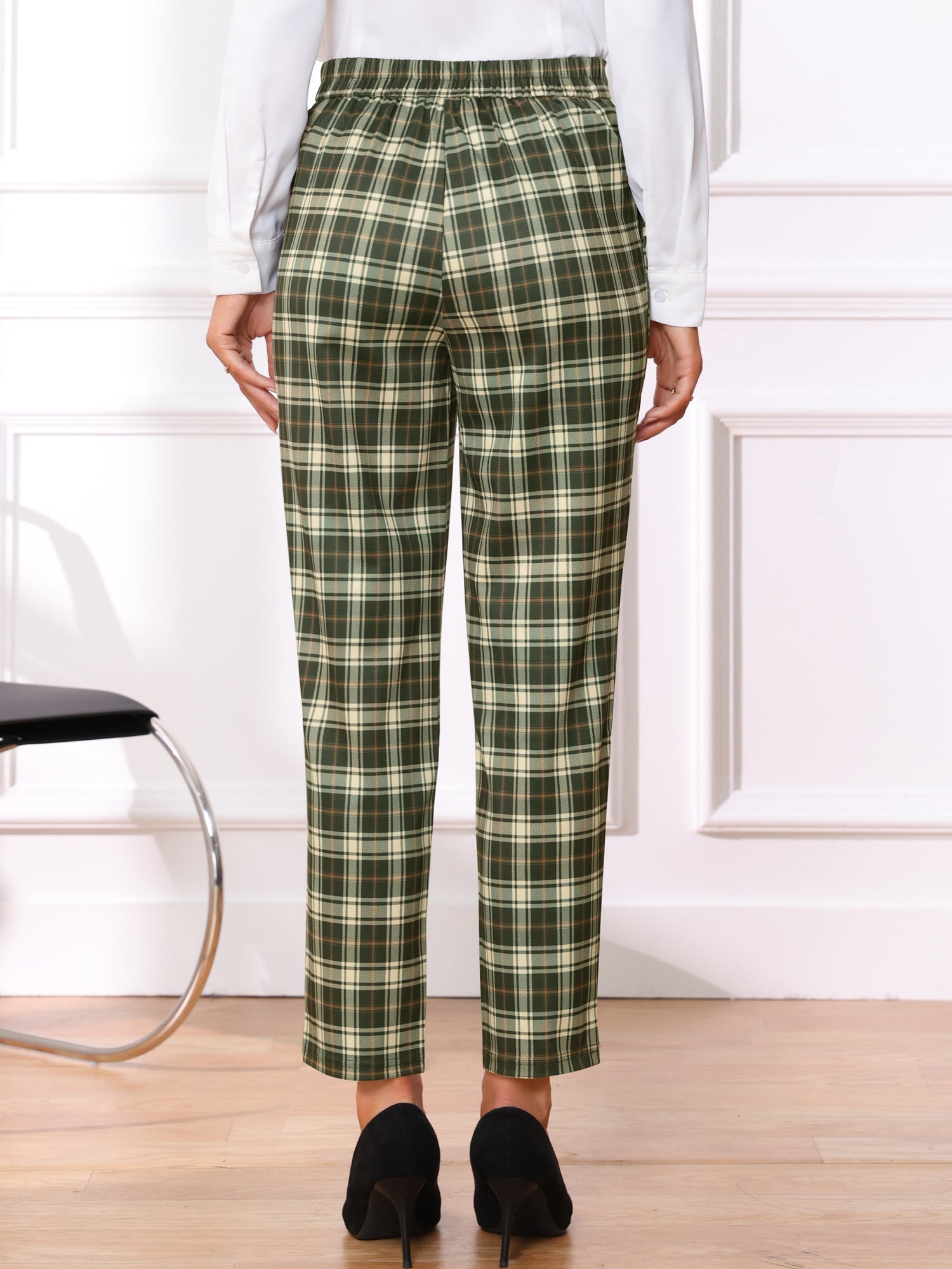 Vintage Tartan Plaid Pants Elastic Waist Straight Long Trousers