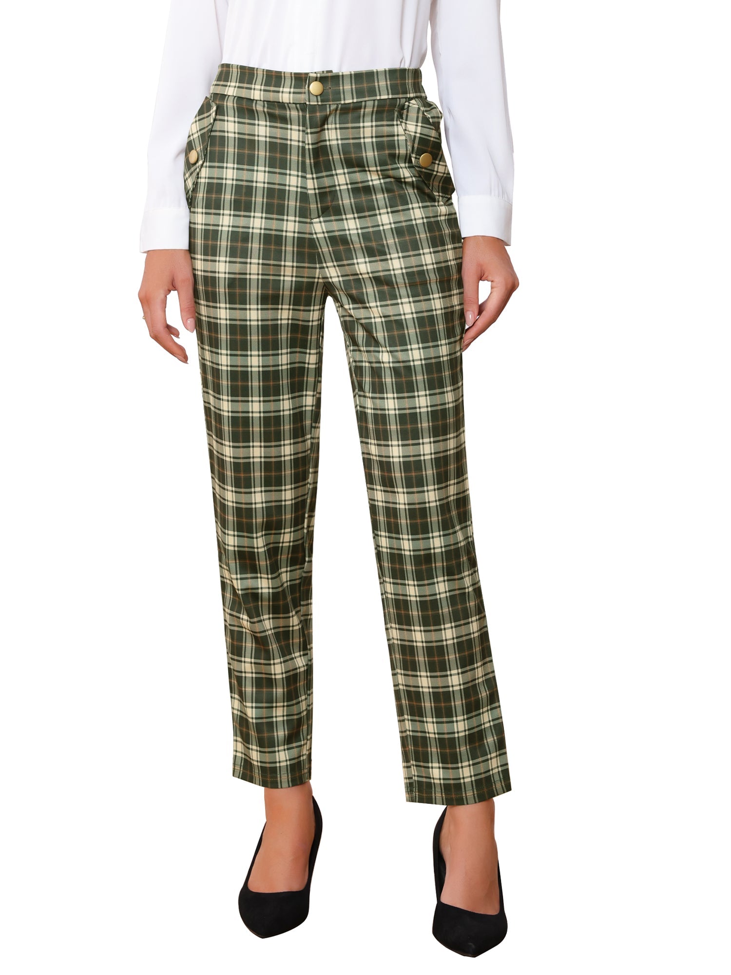 Vintage Tartan Plaid Pants Elastic Waist Straight Long Trousers