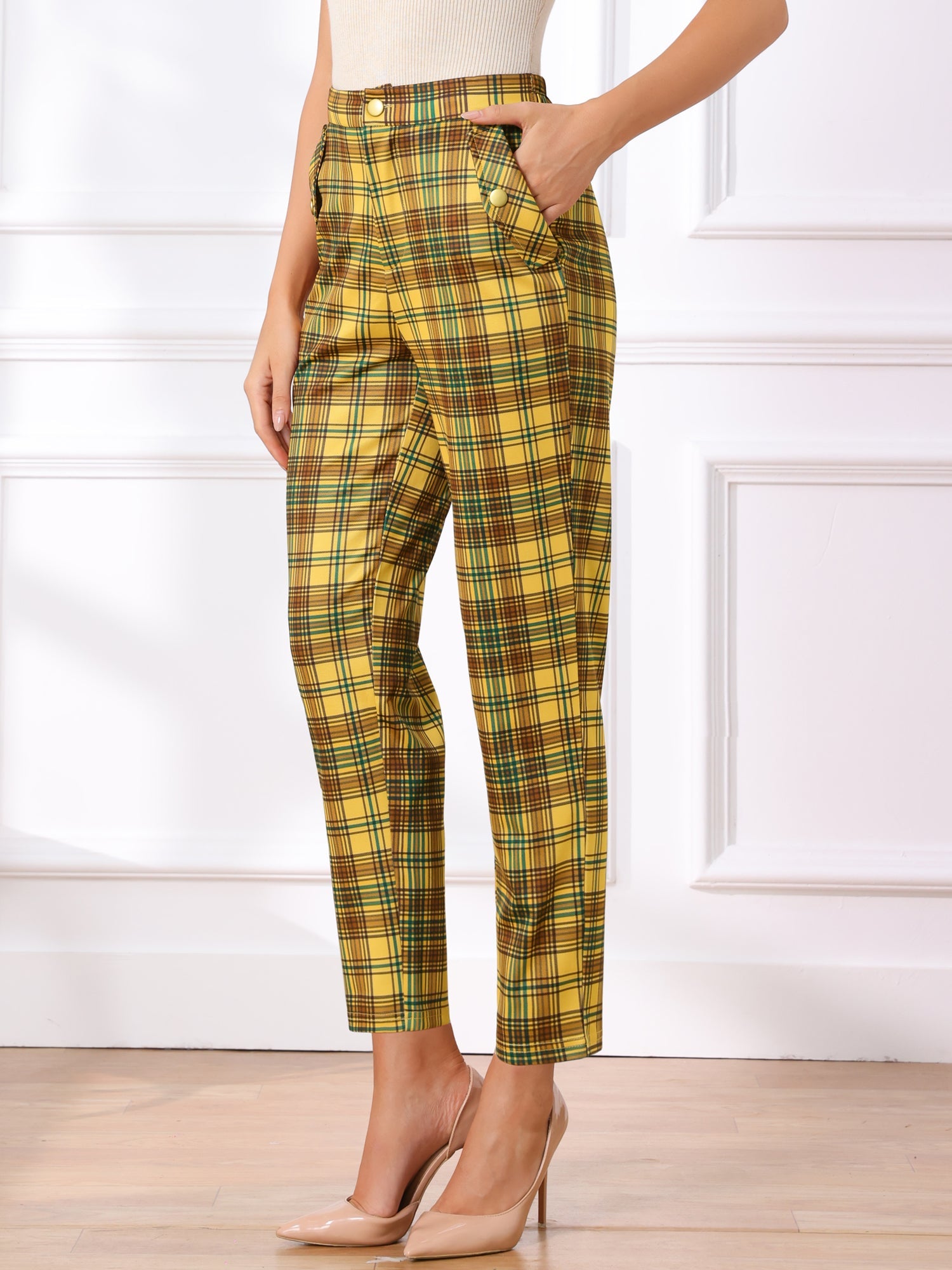 Vintage Tartan Plaid Pants Elastic Waist Straight Long Trousers