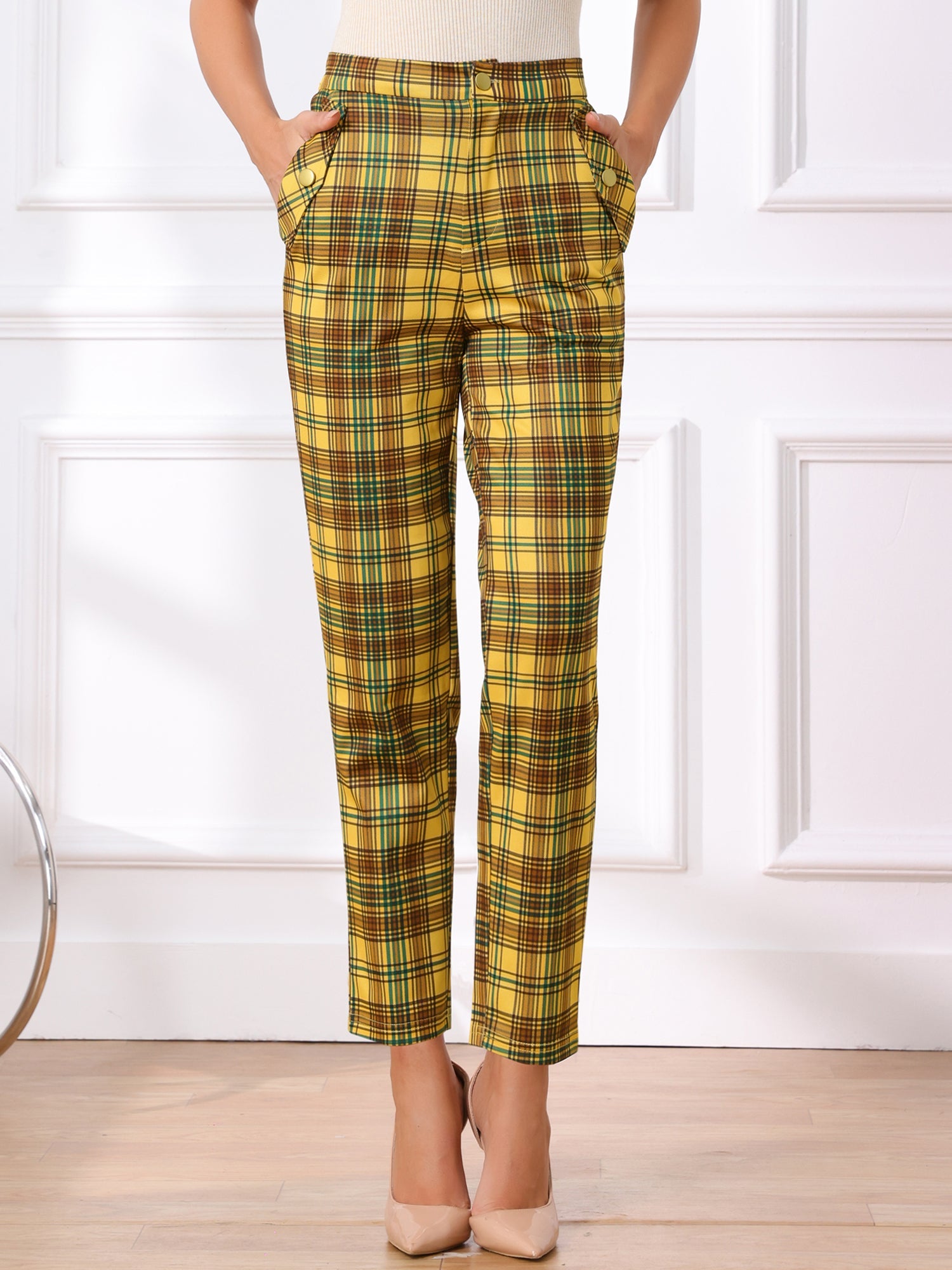 Vintage Tartan Plaid Pants Elastic Waist Straight Long Trousers