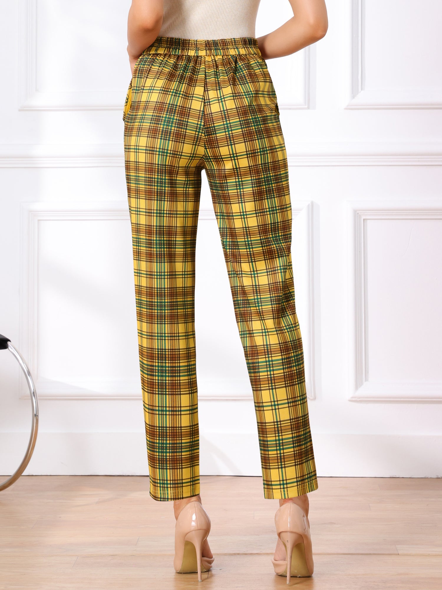Vintage Tartan Plaid Pants Elastic Waist Straight Long Trousers
