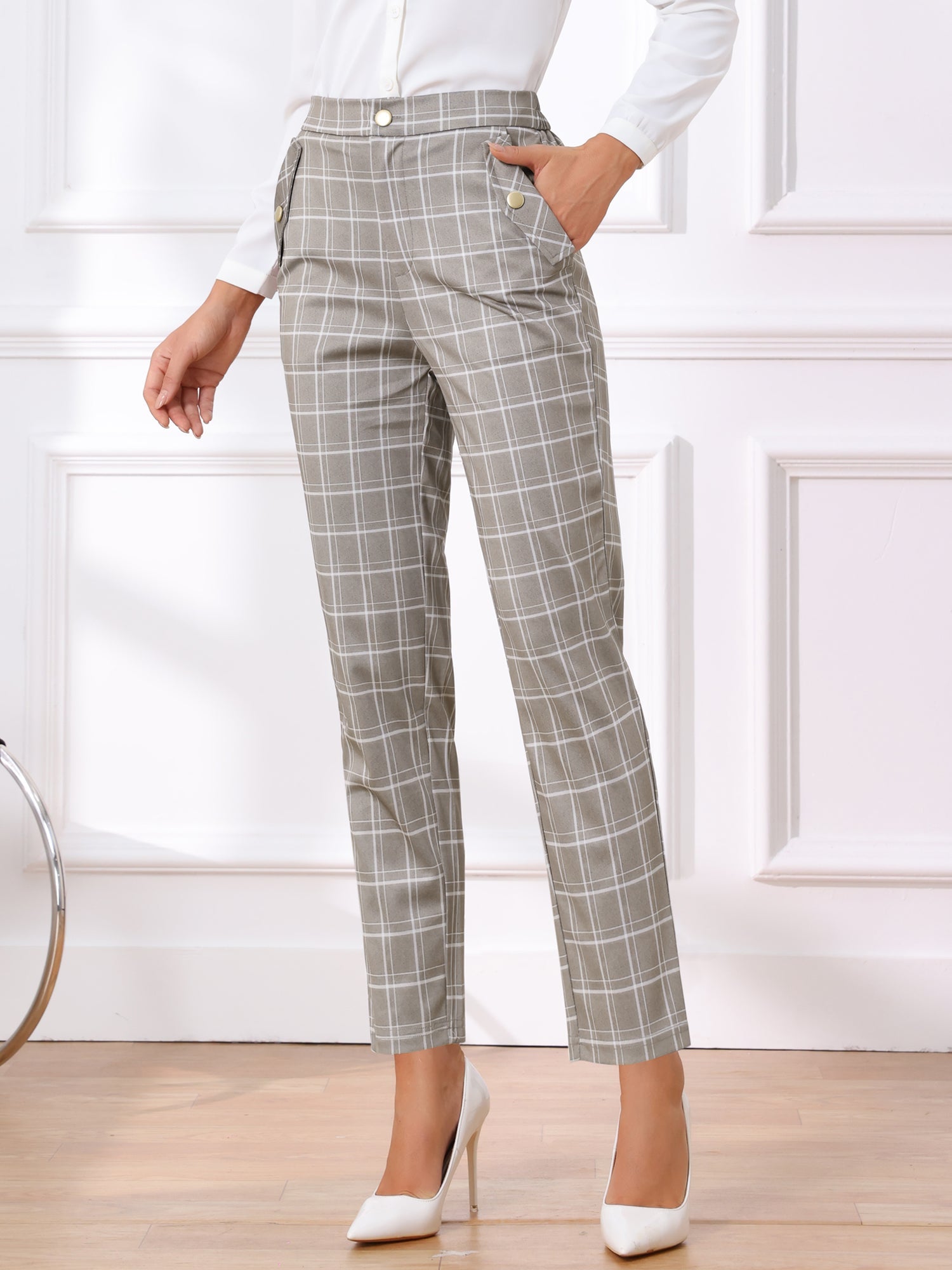 Vintage Tartan Plaid Pants Elastic Waist Straight Long Trousers