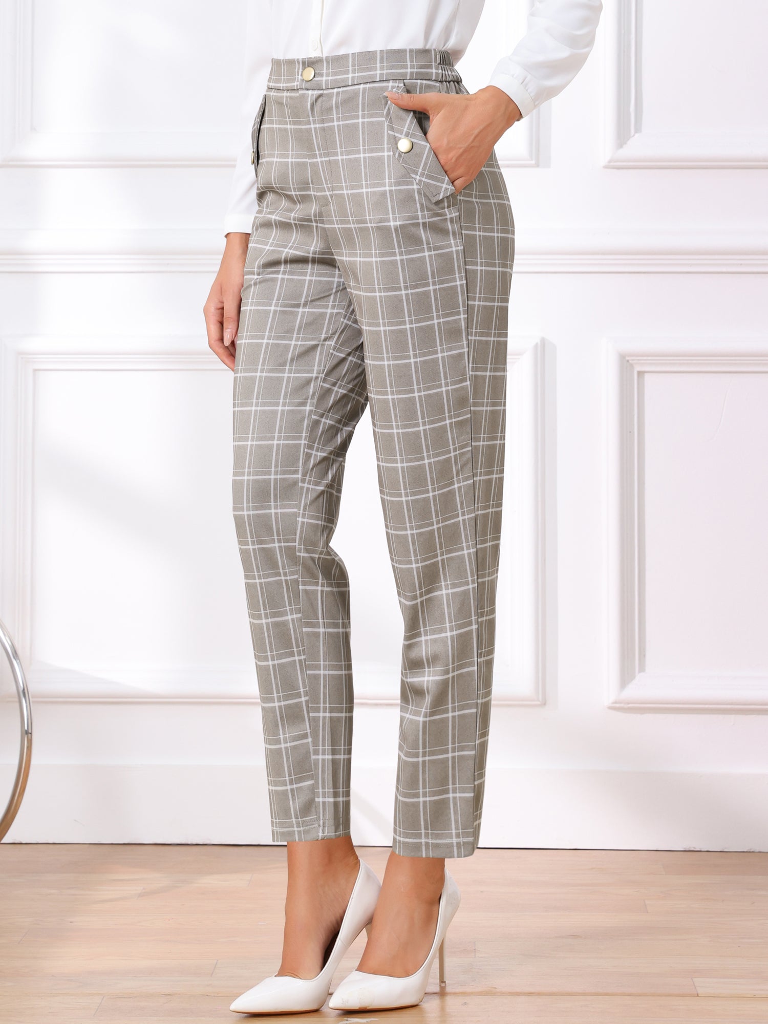 Vintage Tartan Plaid Pants Elastic Waist Straight Long Trousers