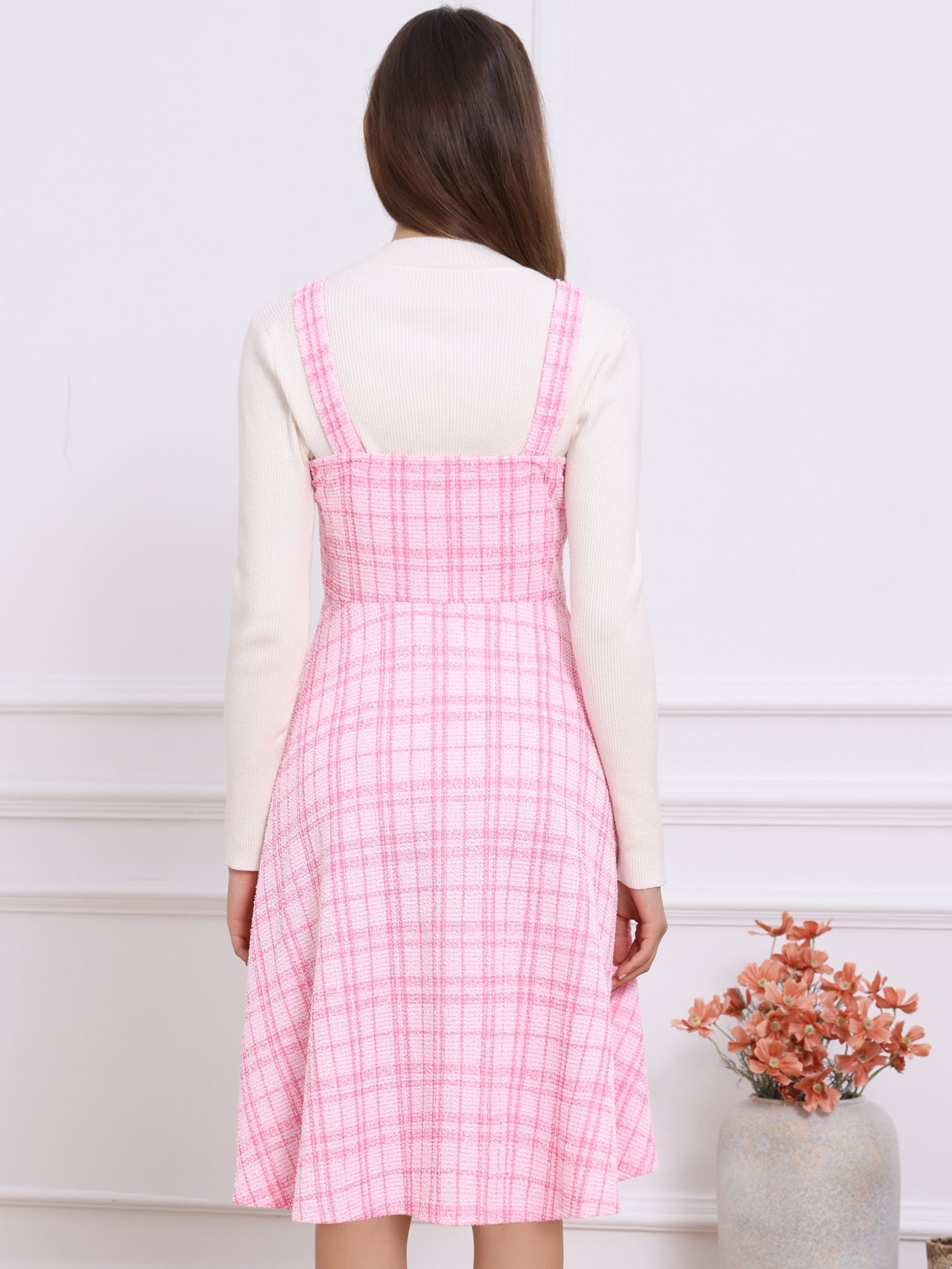 Tweed Plaid Sleeveless Pockets A-Line Pinafore Overall Dress