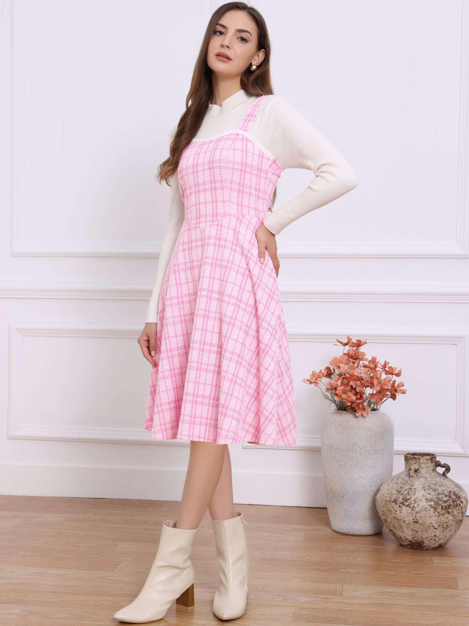 Tweed Plaid Sleeveless Pockets A-Line Pinafore Overall Dress