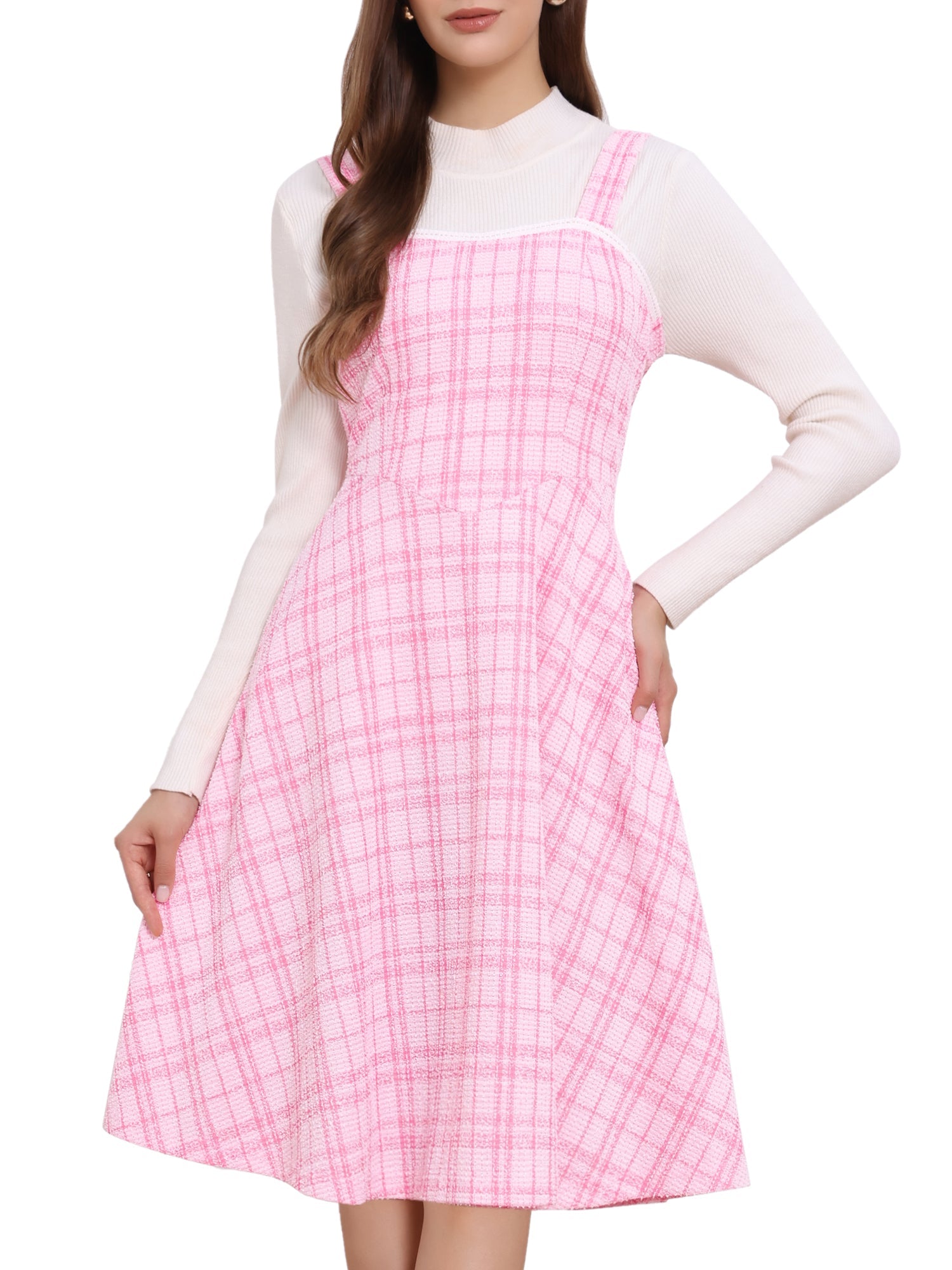 Tweed Plaid Sleeveless Pockets A-Line Pinafore Overall Dress