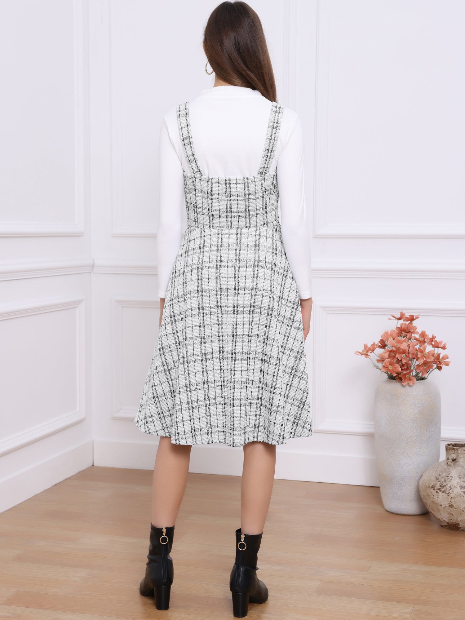 Tweed Plaid Sleeveless Pockets A-Line Pinafore Overall Dress