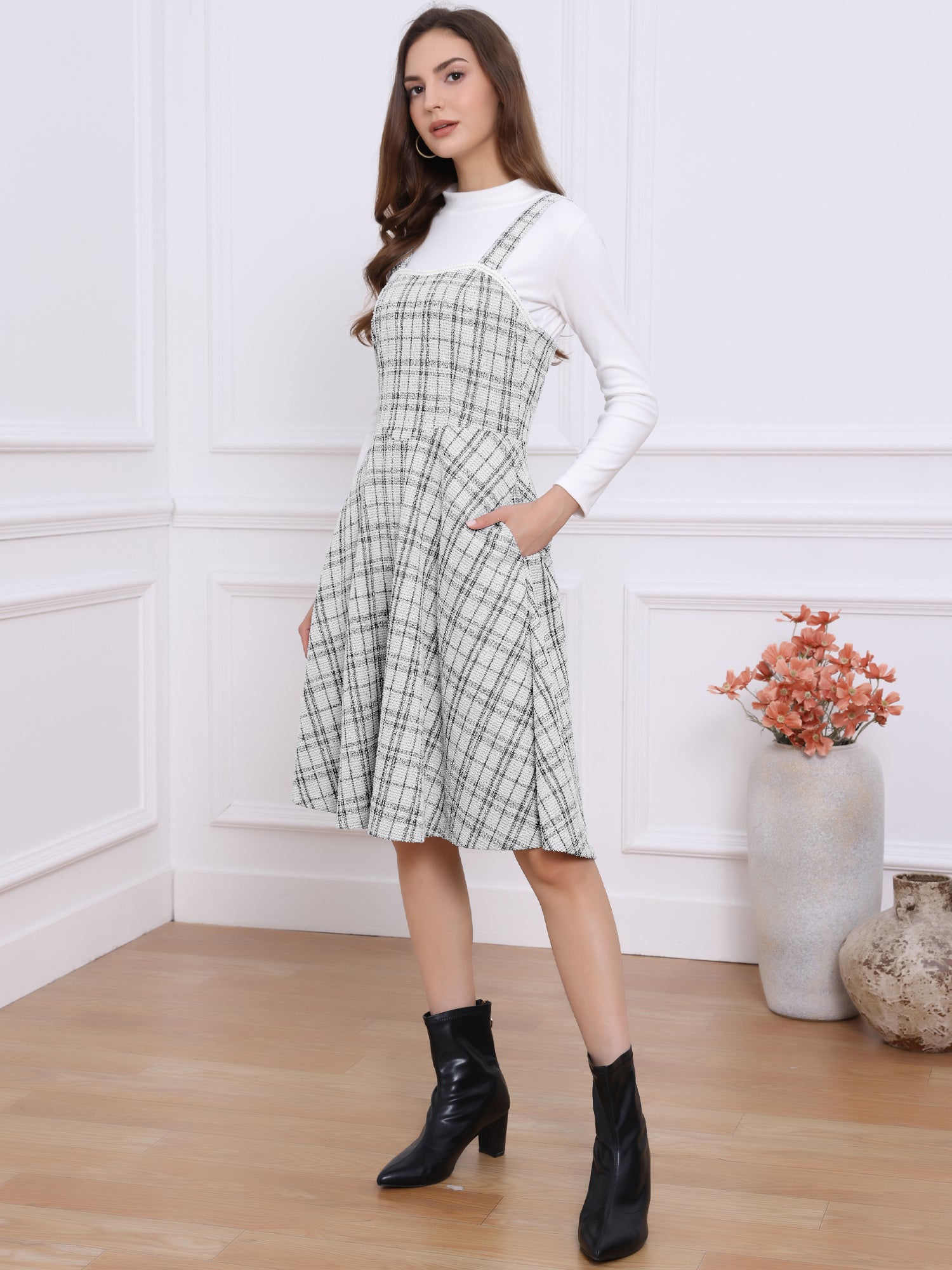 Tweed Plaid Sleeveless Pockets A-Line Pinafore Overall Dress
