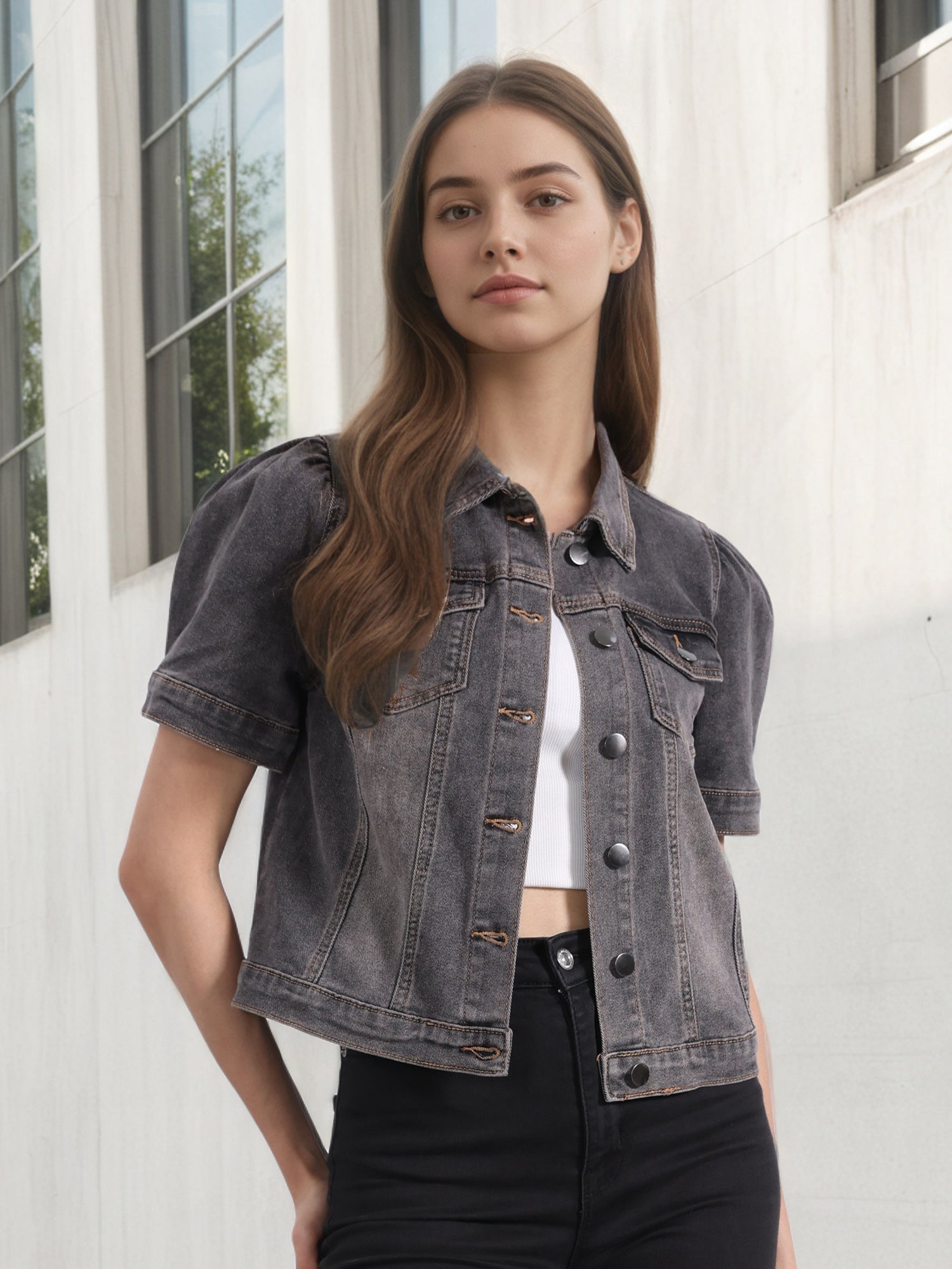 Casual Short Puff Sleeves Button-Down Jean Denim Jacket