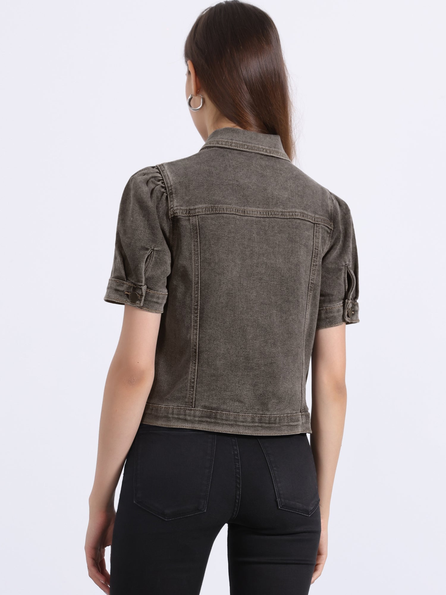Casual Short Puff Sleeves Button-Down Jean Denim Jacket