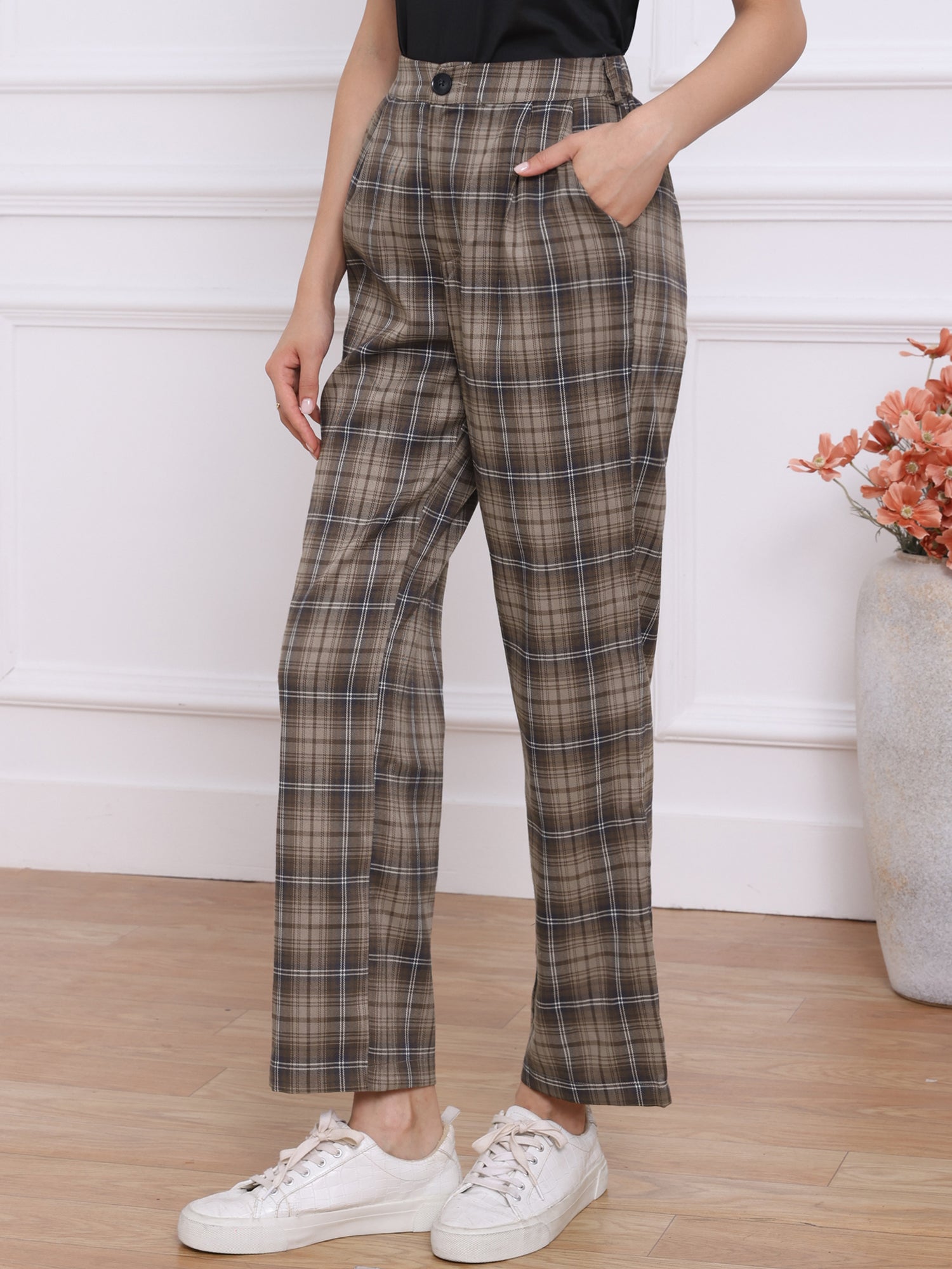 Plaid Elastic Waist Casual Work Office Long Pants