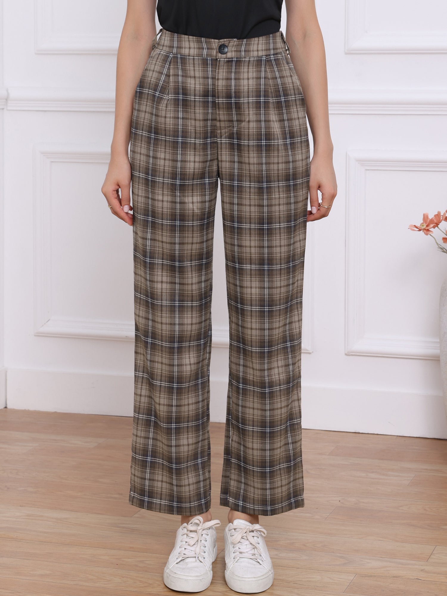 Plaid Elastic Waist Casual Work Office Long Pants