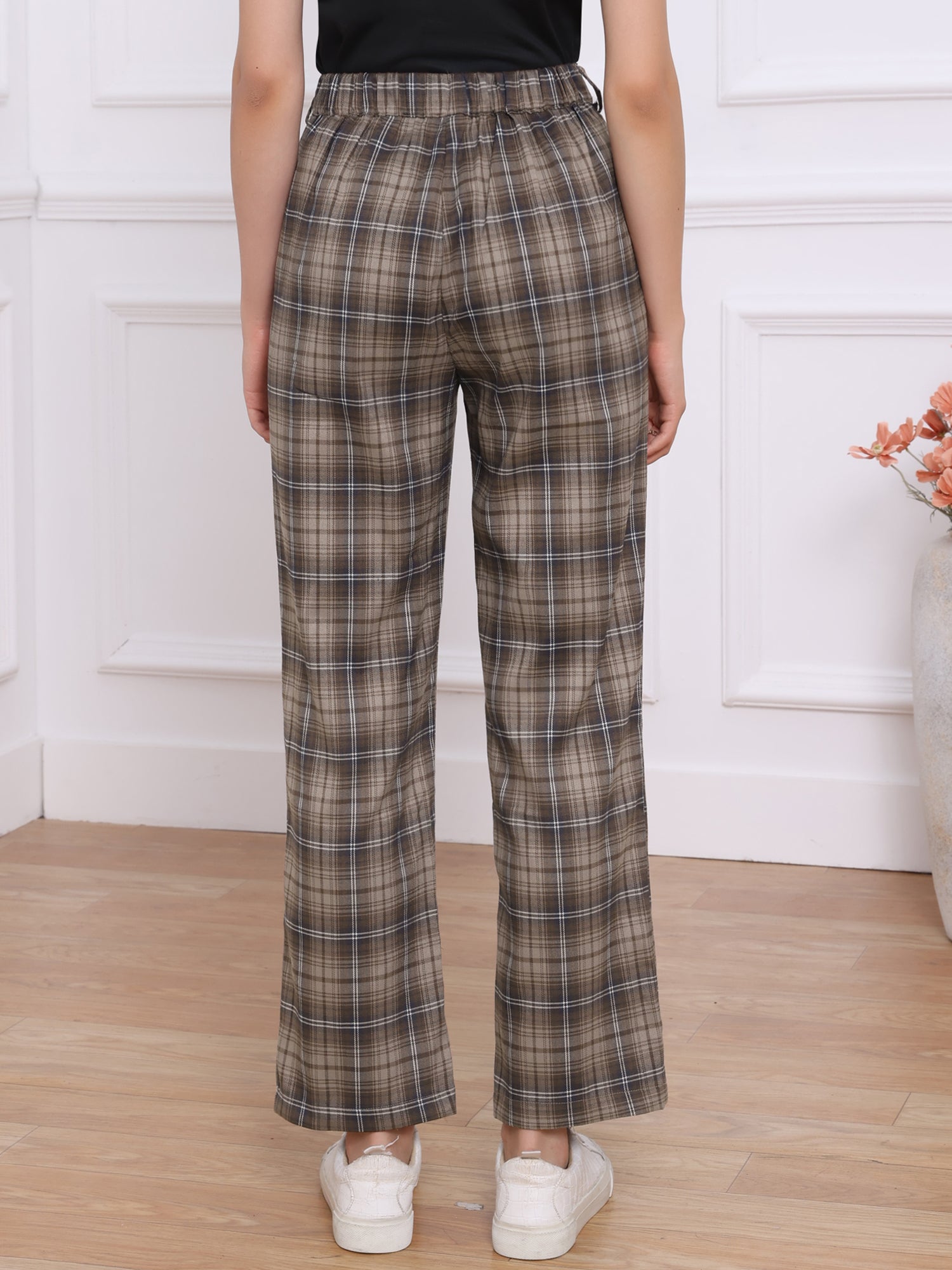 Plaid Elastic Waist Casual Work Office Long Pants