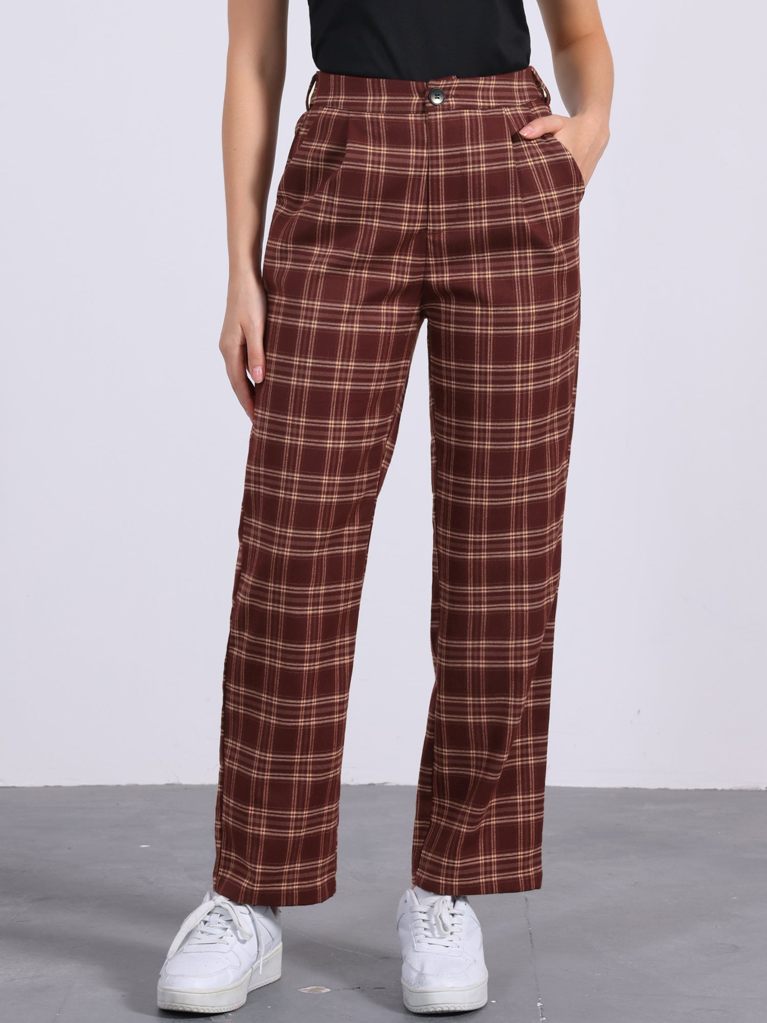 Plaid Elastic Waist Casual Work Office Long Pants
