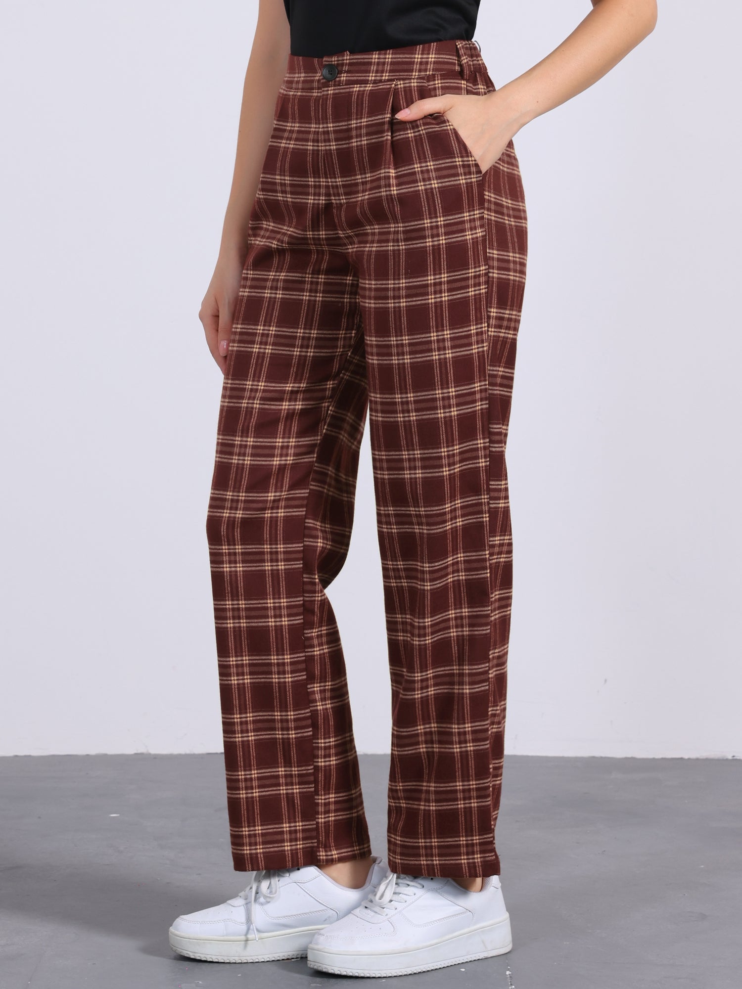 Plaid Elastic Waist Casual Work Office Long Pants