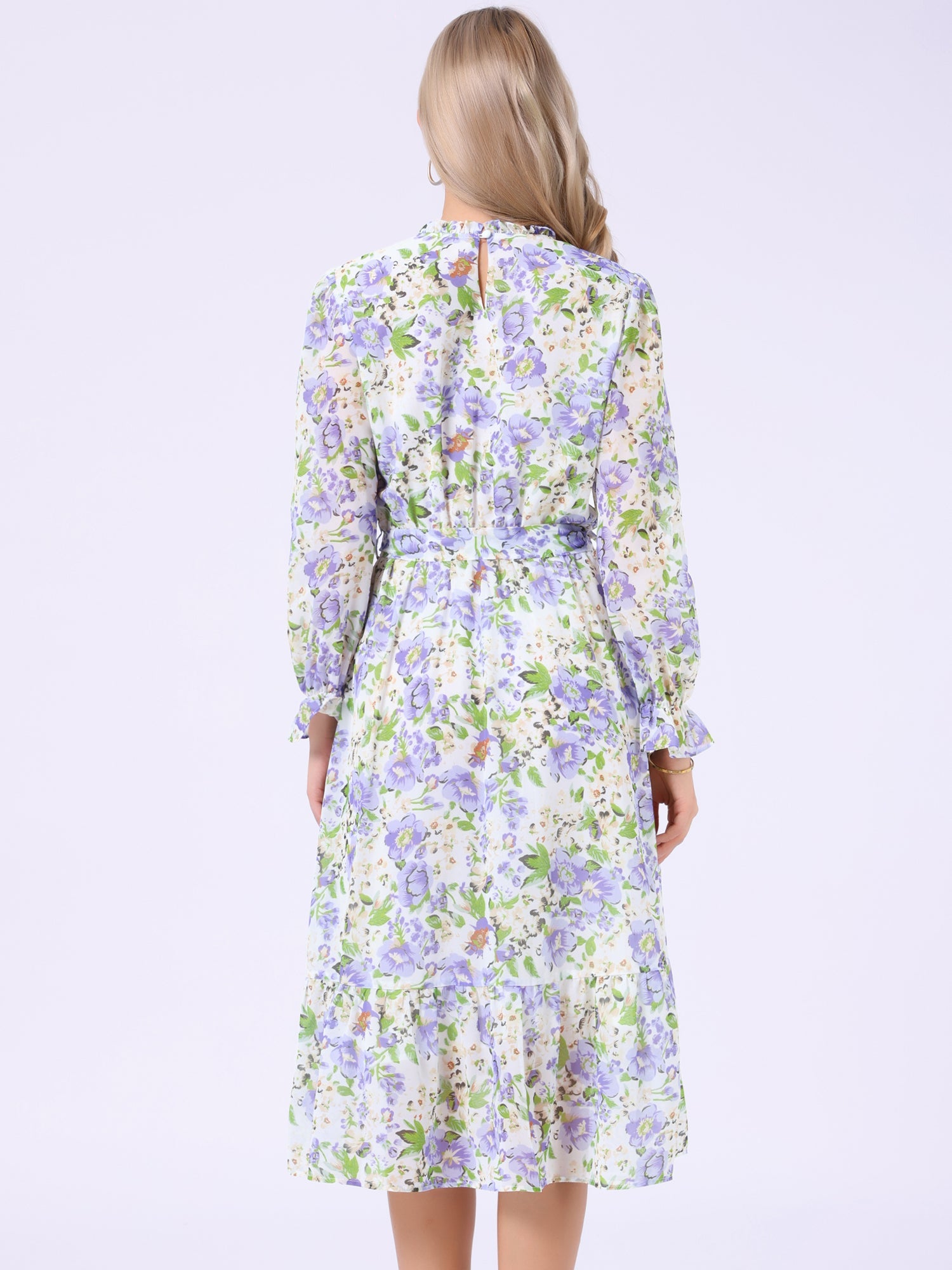 Floral Long Sleeve Belted Flowy Chiffon Midi Dress