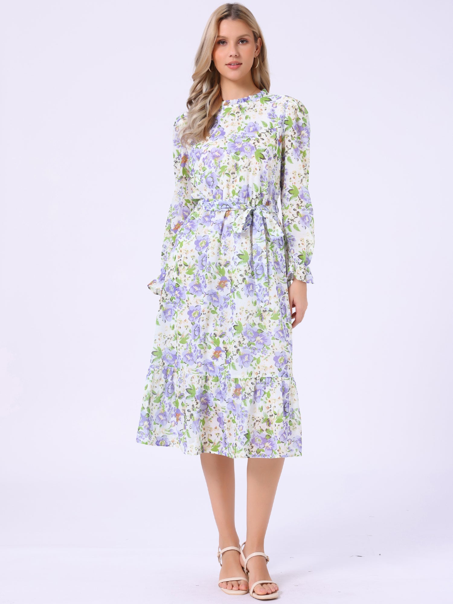 Floral Long Sleeve Belted Flowy Chiffon Midi Dress