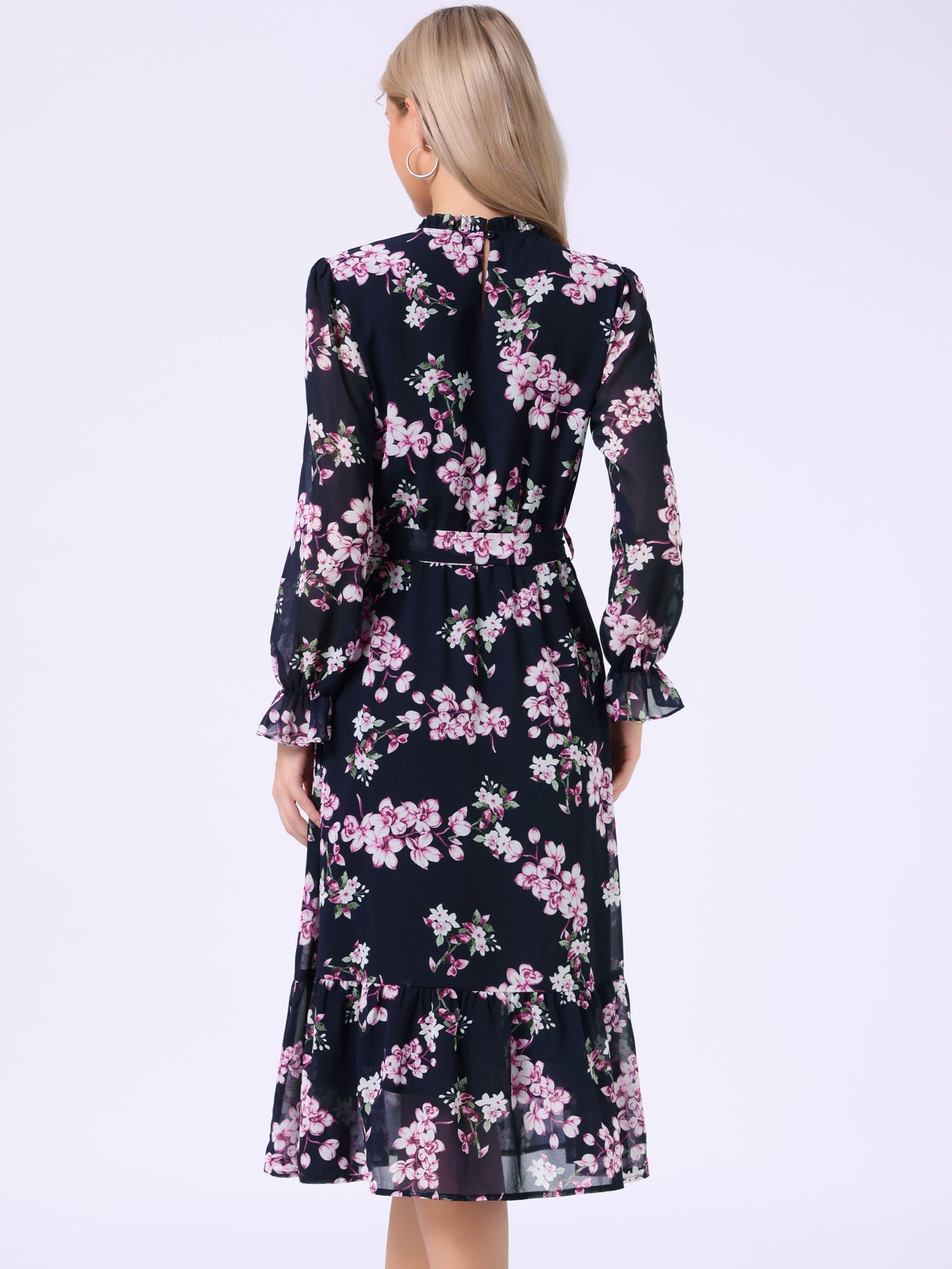 Floral Long Sleeve Belted Flowy Chiffon Midi Dress