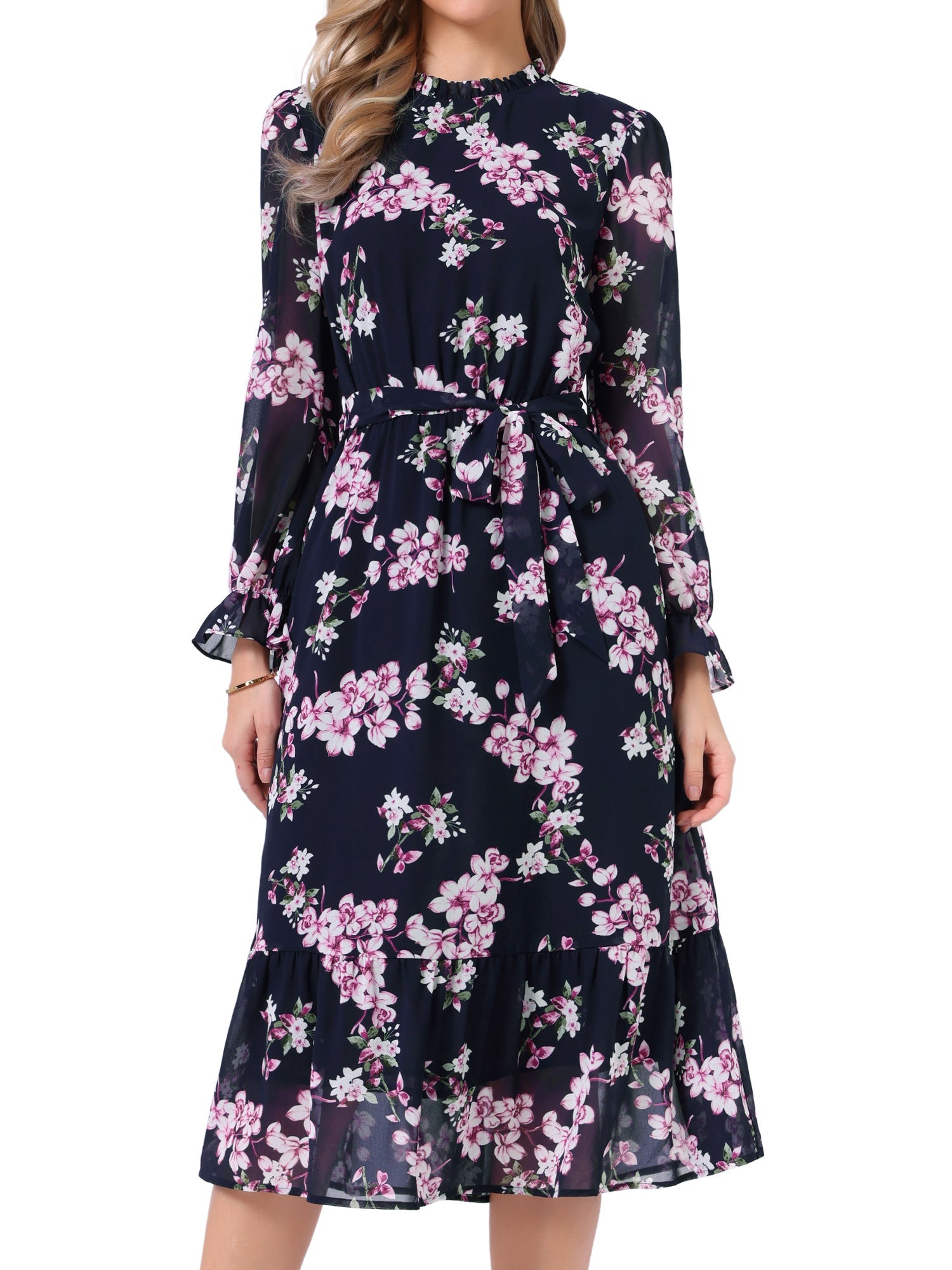 Floral Long Sleeve Belted Flowy Chiffon Midi Dress