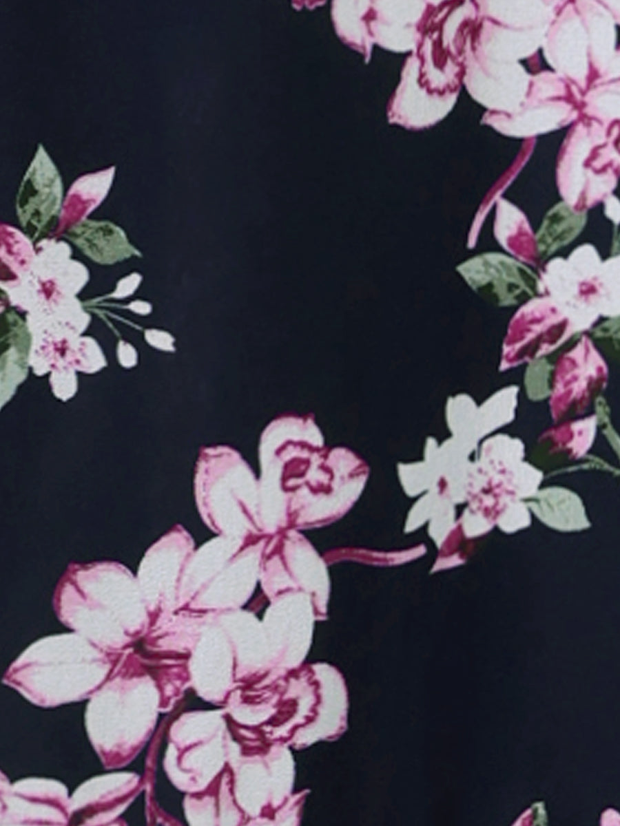 Floral Long Sleeve Belted Flowy Chiffon Midi Dress