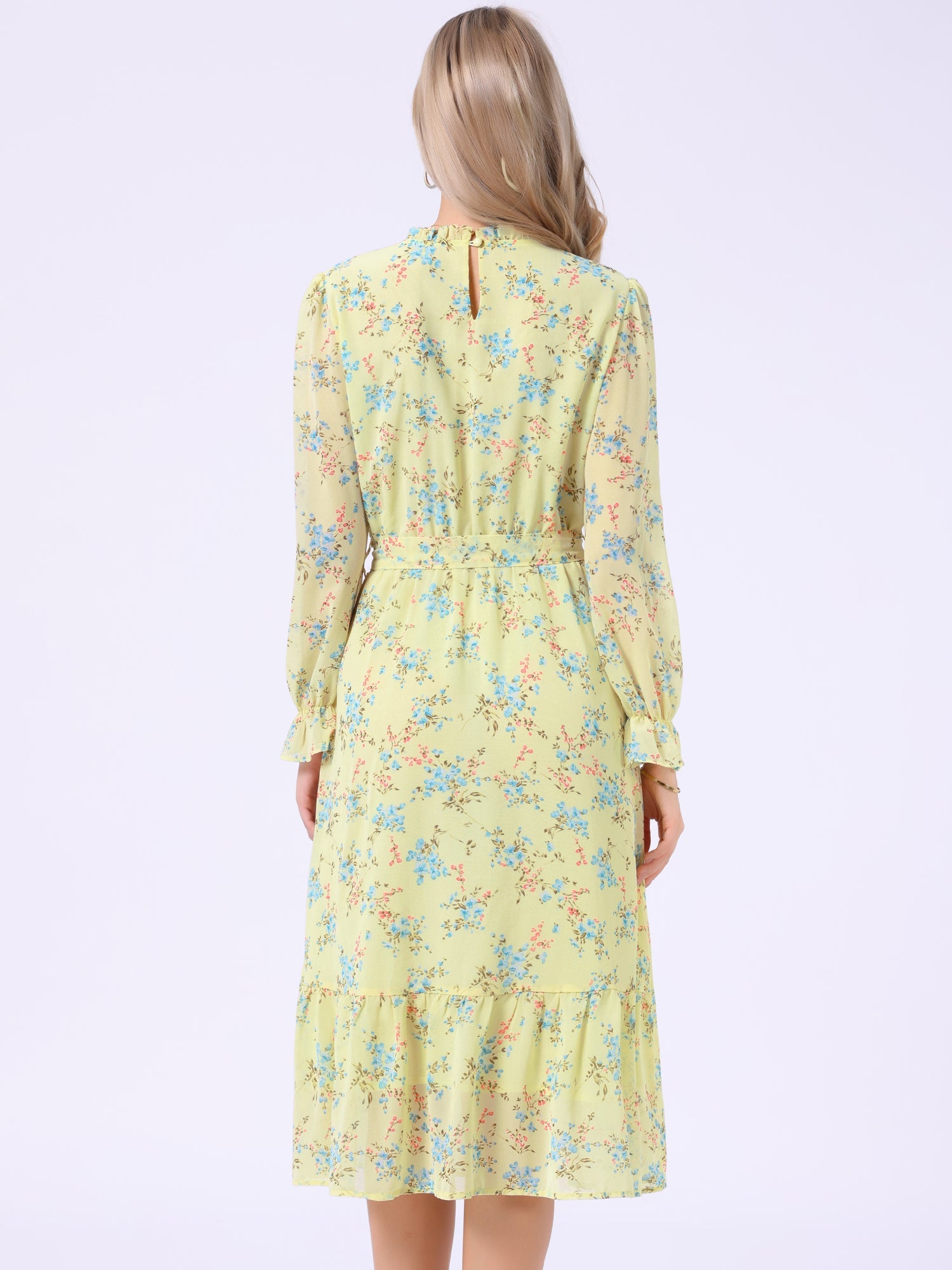 Floral Long Sleeve Belted Flowy Chiffon Midi Dress