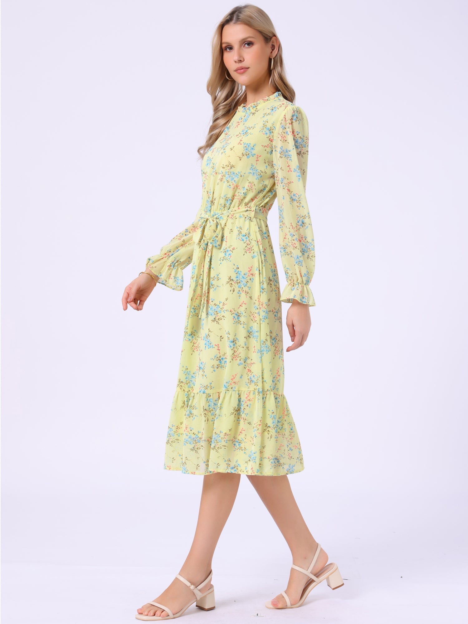 Floral Long Sleeve Belted Flowy Chiffon Midi Dress